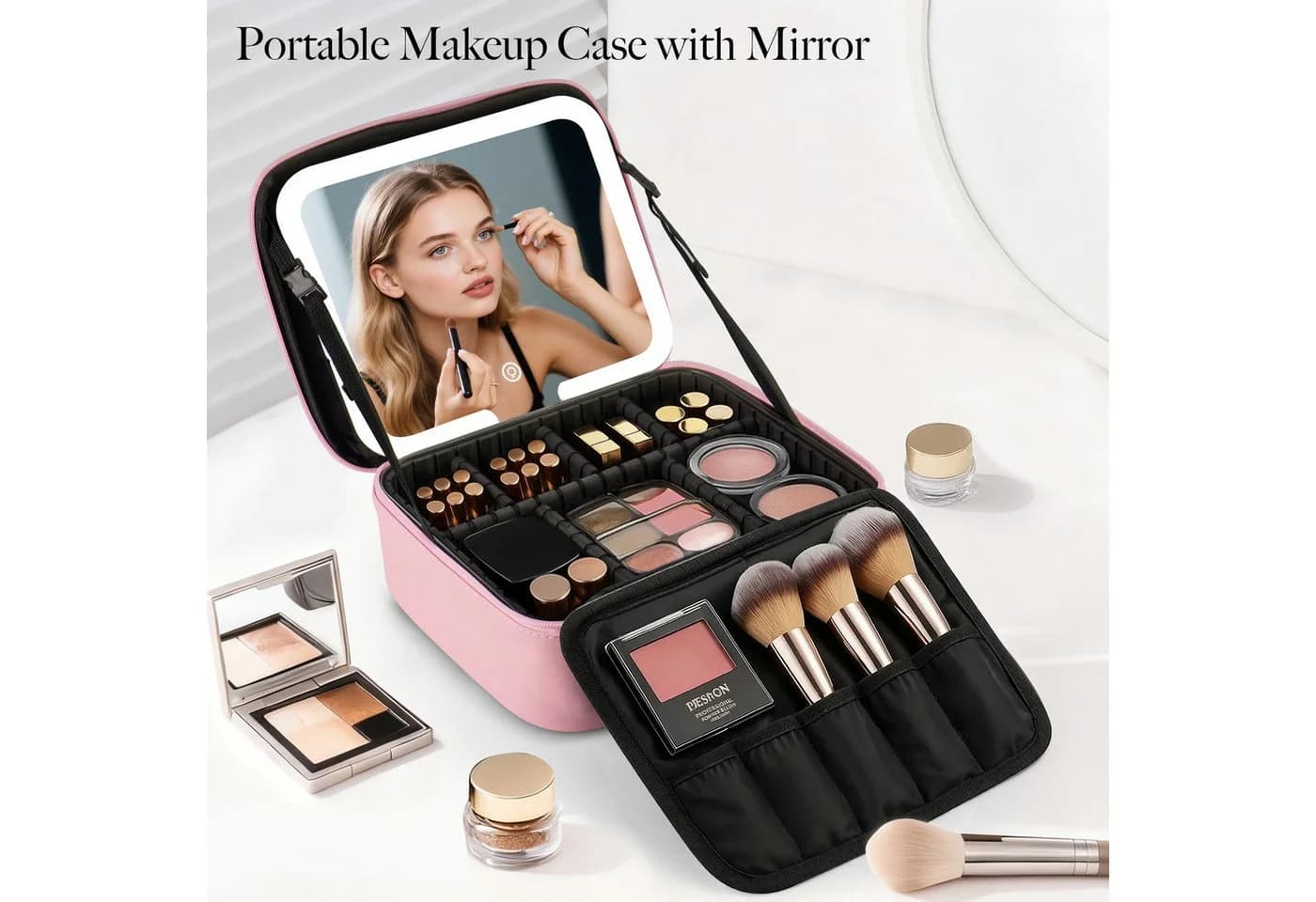 Youyijia Reise Make-up Tasche mit LED Spiegel Schwarz/Rosa