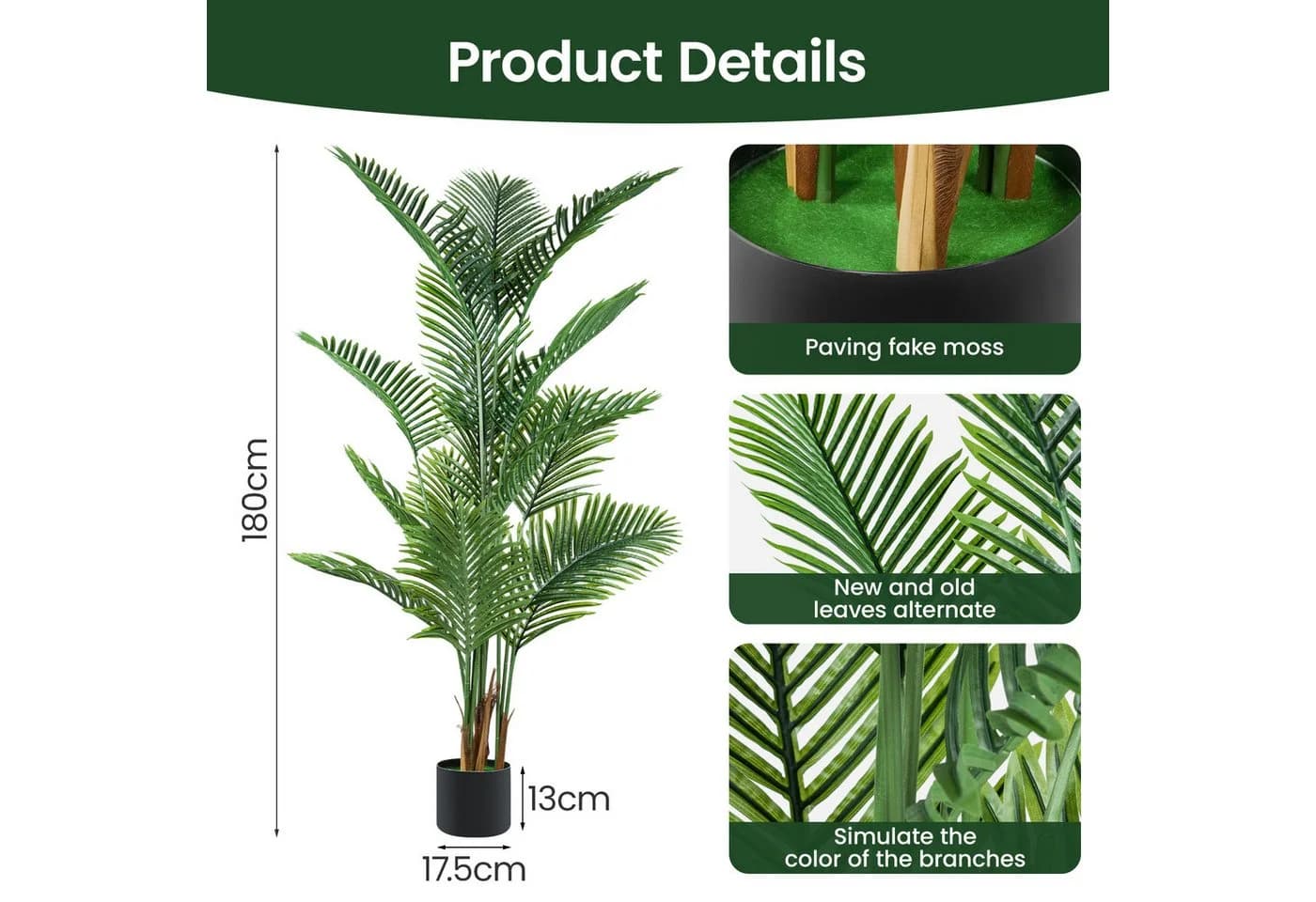 Youyijia Kunstpalme 180 cm Areca Palme Grün im Topf - Bild 5