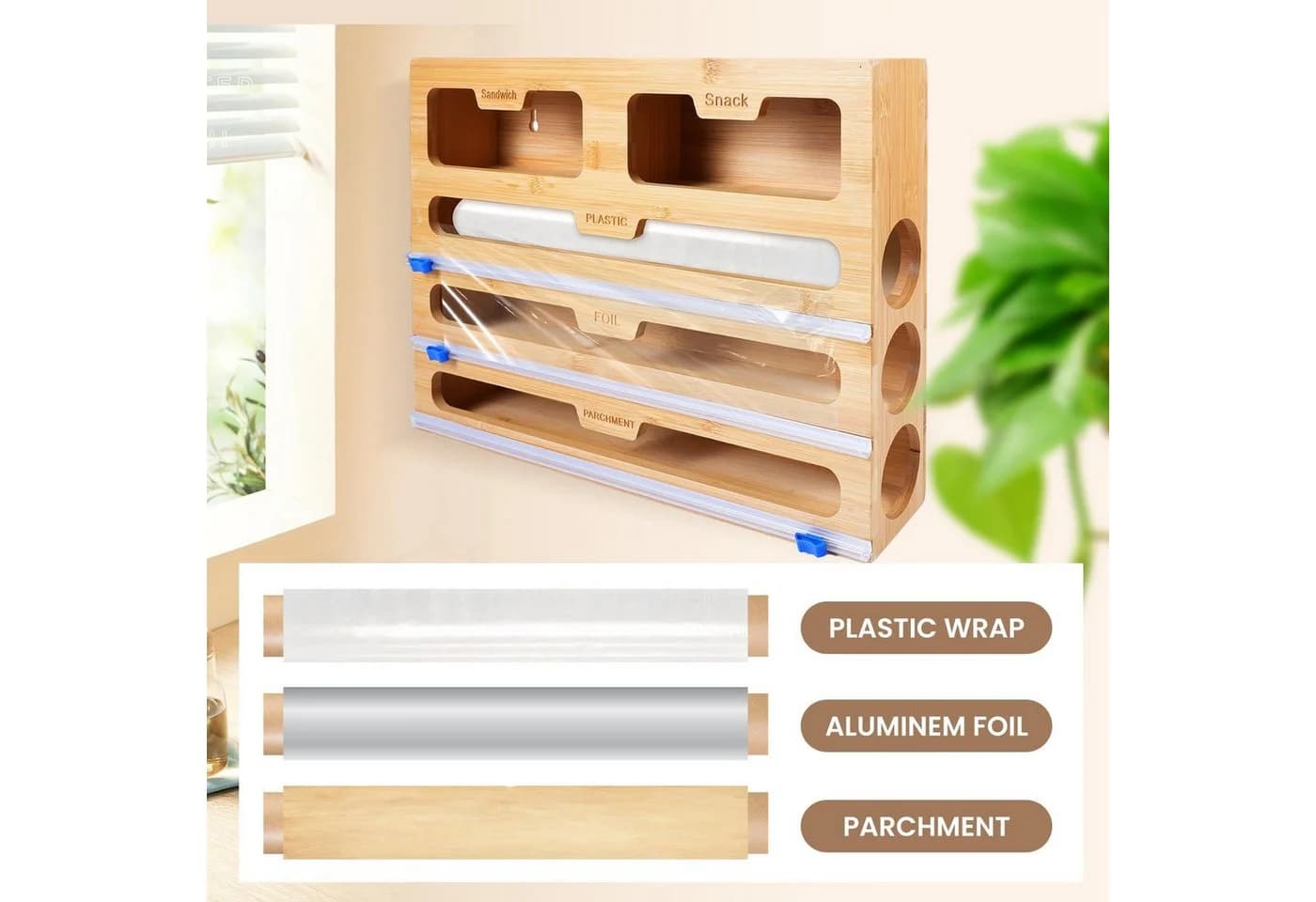 Youyijia Folienspender 5-in-1 Bambus Organizer mit Cutter - Bild 4