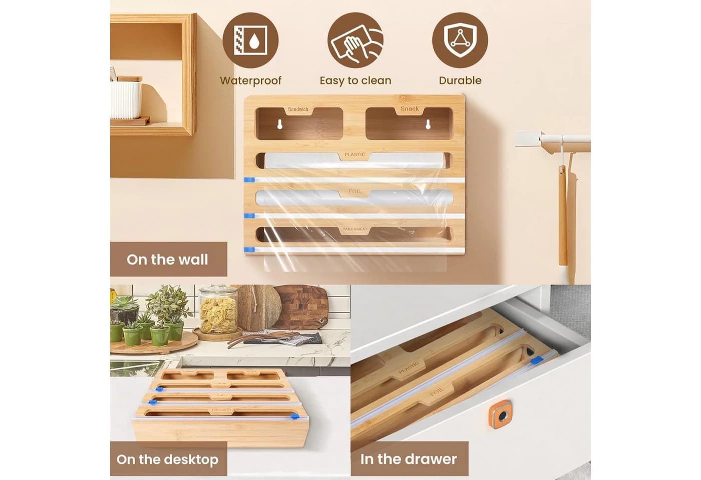 Youyijia Folienspender 5-in-1 Bambus Organizer mit Cutter - Bild 5
