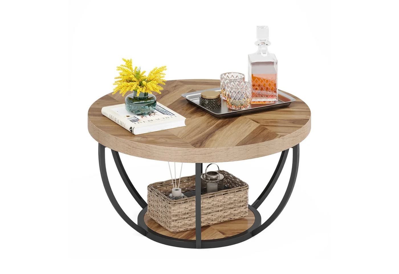 Tribesigns Couchtisch Rund Industrial 2-Tier Holzmaserung Schwarz - Bild 2