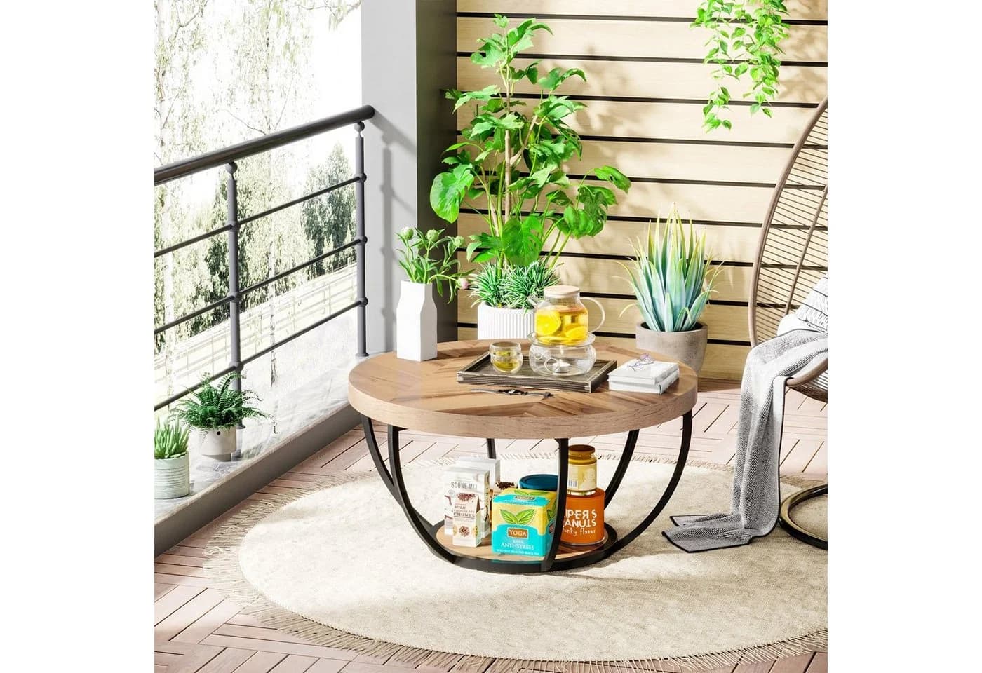 Tribesigns Couchtisch Rund Industrial 2-Tier Holzmaserung Schwarz - Bild 4