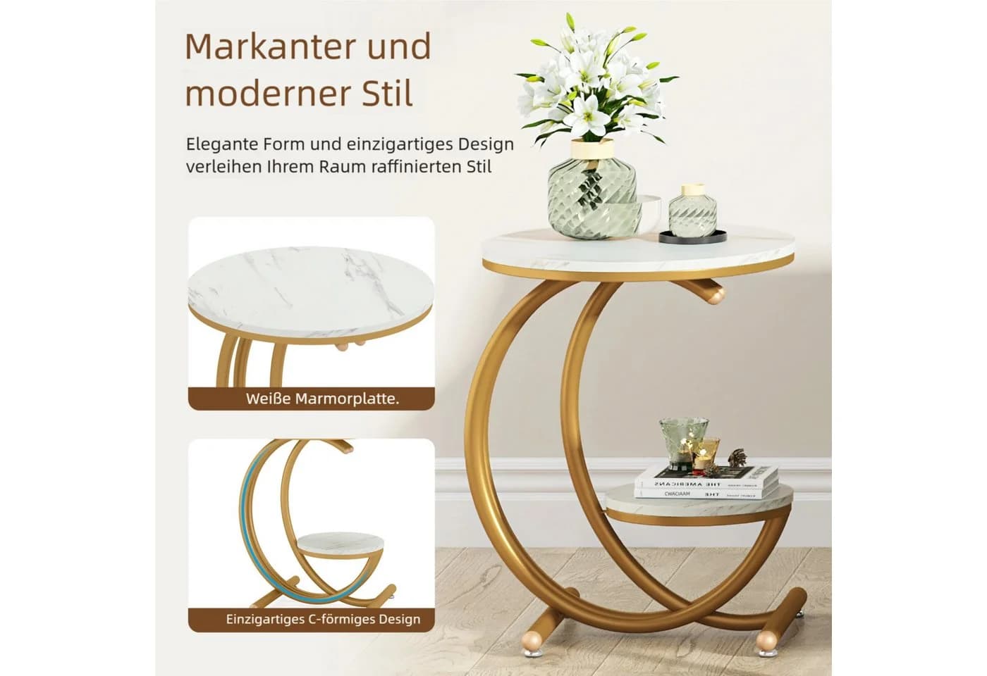 Tribesigns Beistelltisch 2-stöckig C-förmiger Rahmen Gold Marmorplatte - Bild 4