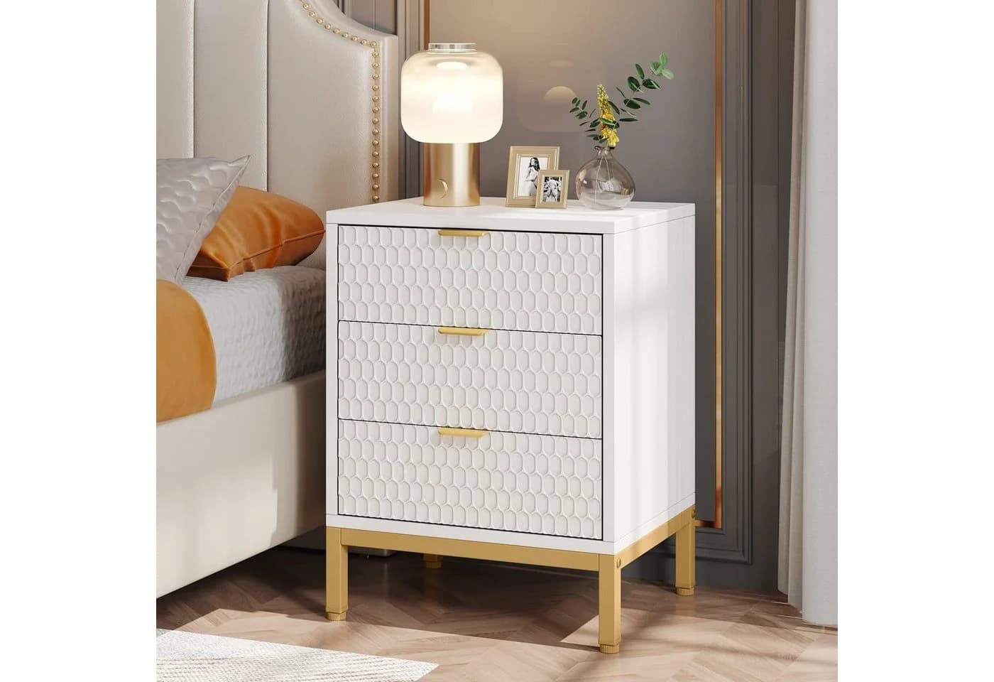 Tribesigns Nachttisch Modern 3 Schubladen Weiß Gold