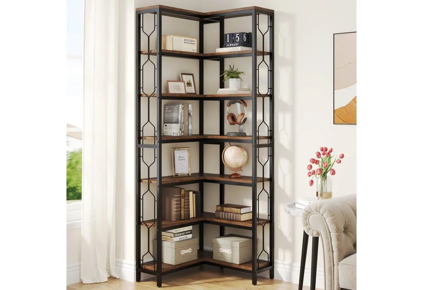 Tribesigns Eck-Bücherregal 7-stöckig Industriell Braun - Bild 2
