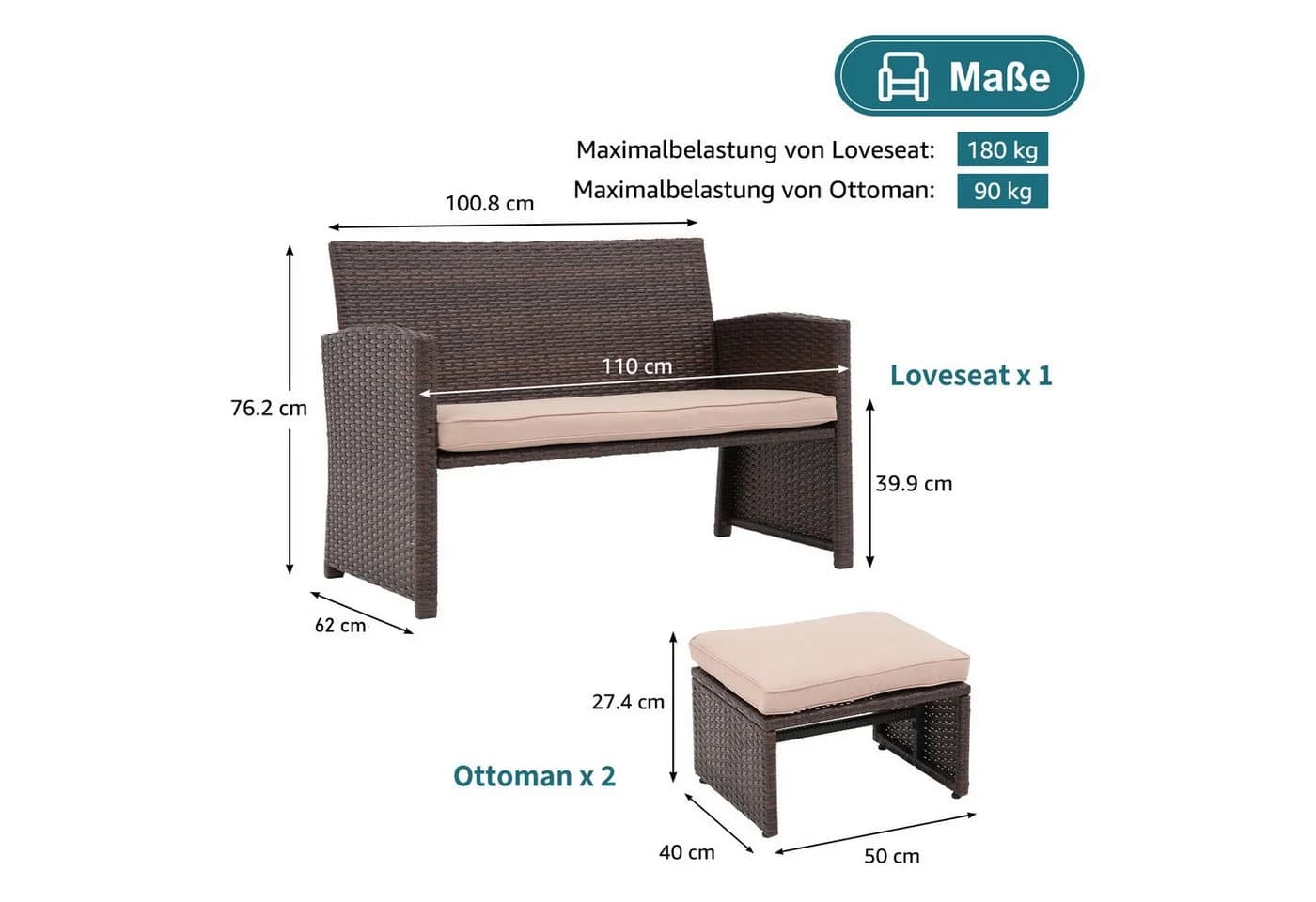 JOIVI Gartenbank Outdoor Loveseat 3-tlg. Braun Rattan Beige Kissen