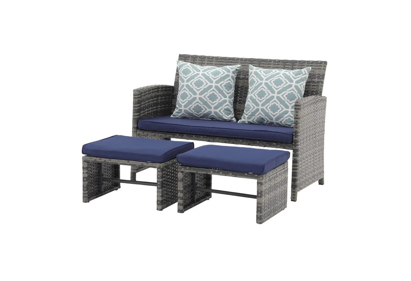 JOIVI Gartenbank Outdoor Loveseat 3-tlg Grau Rattan mit 2 Hockern