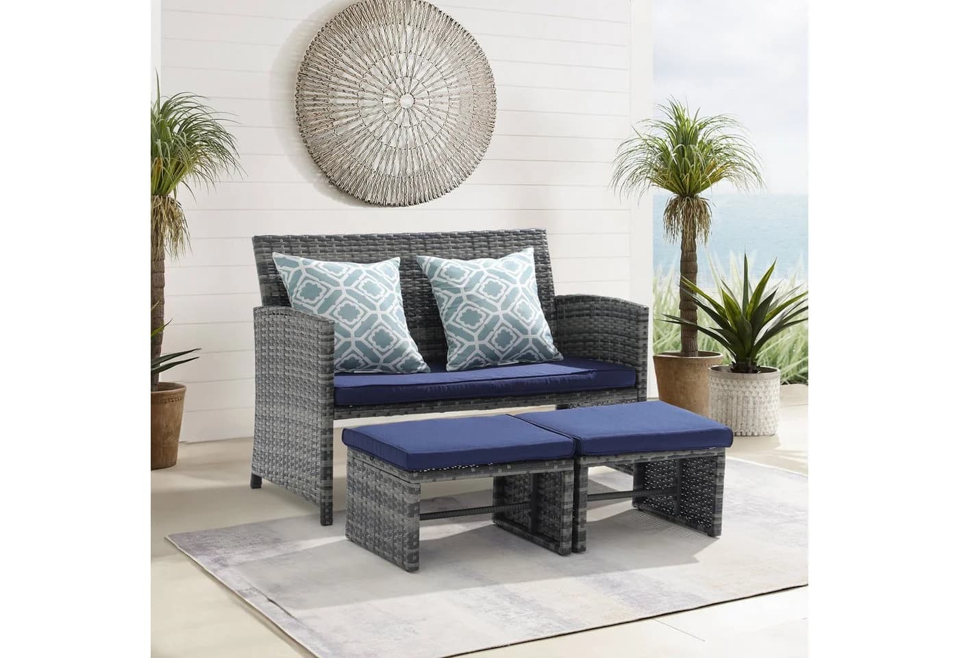 JOIVI Gartenbank Outdoor Loveseat 3-tlg Grau Rattan mit 2 Hockern - Bild 2