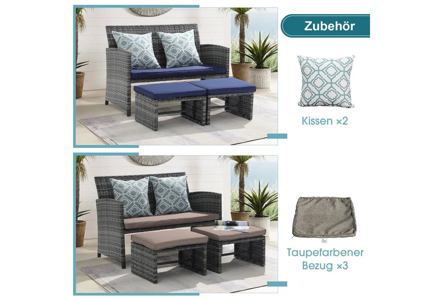 JOIVI Gartenbank Outdoor Loveseat 3-tlg Grau Rattan mit 2 Hockern - Bild 3