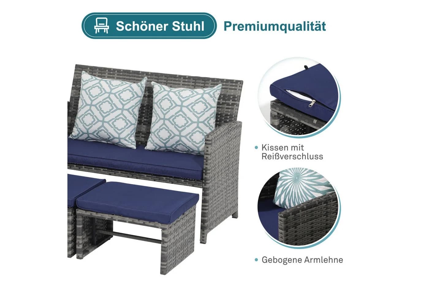 JOIVI Gartenbank Outdoor Loveseat 3-tlg Grau Rattan mit 2 Hockern - Bild 5
