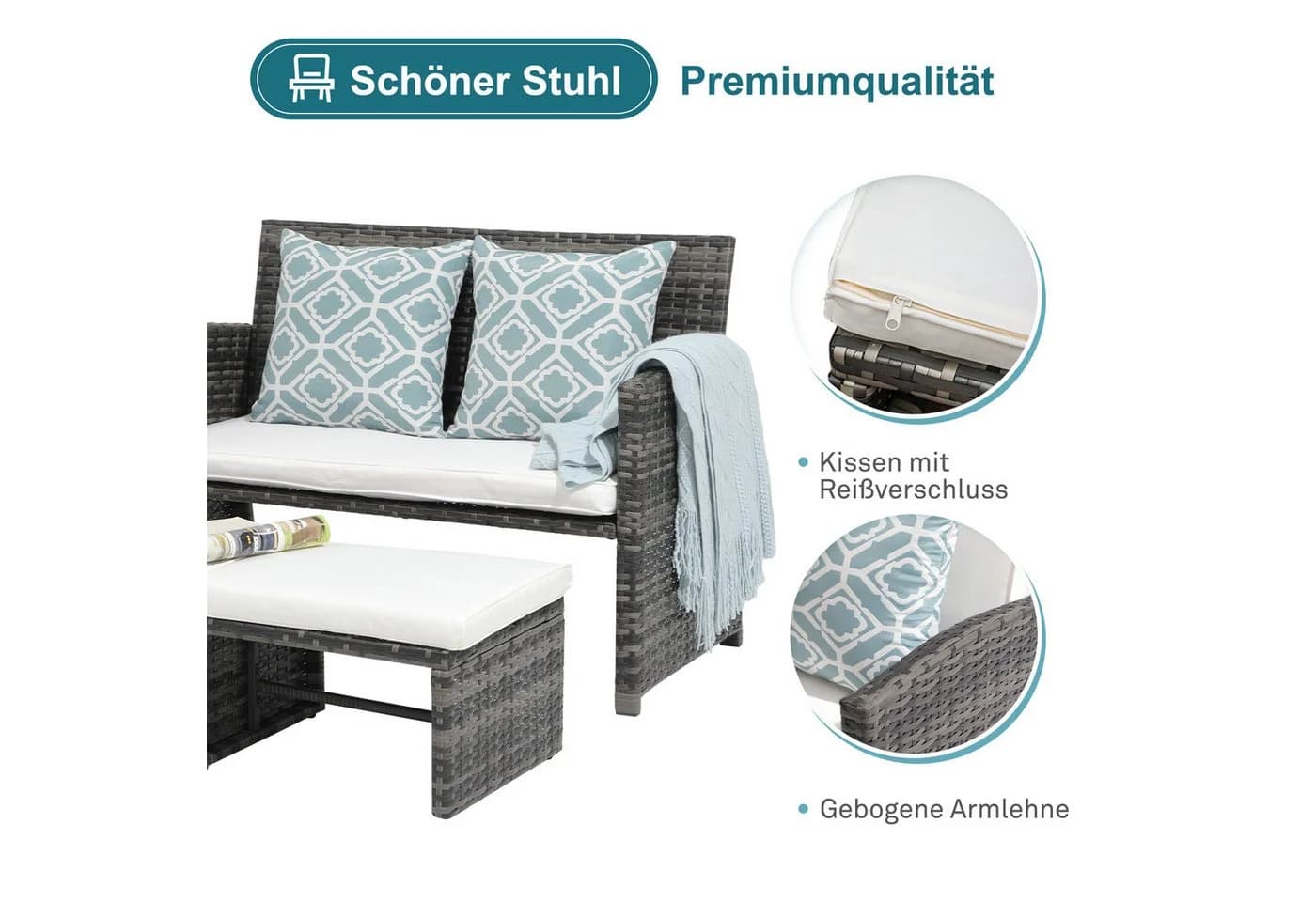JOIVI Gartenbank Outdoor Loveseat Grau Rattan 3-tlg Set mit 2 Hockern - Bild 4
