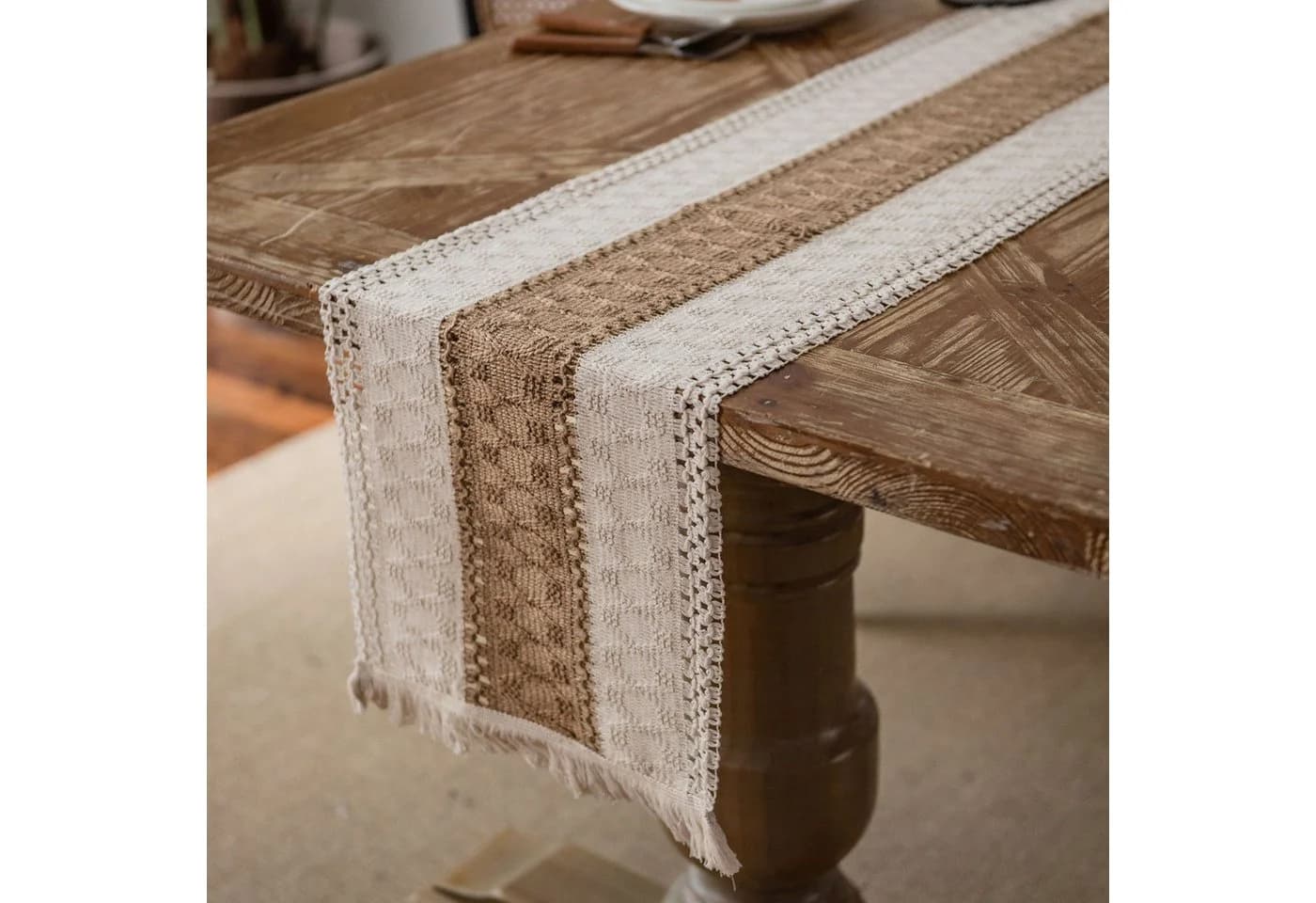 LAPAPRO Makramee Tischläufer Beige Baumwolle Jute Landhausstil - Bild 4