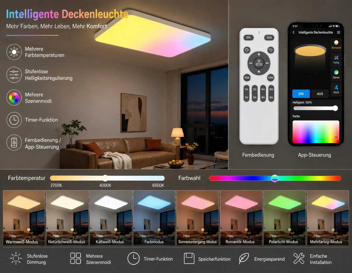 Eurohandisplay LED Deckenleuchte 698 RGBIC Dynamische Lichteffekte
