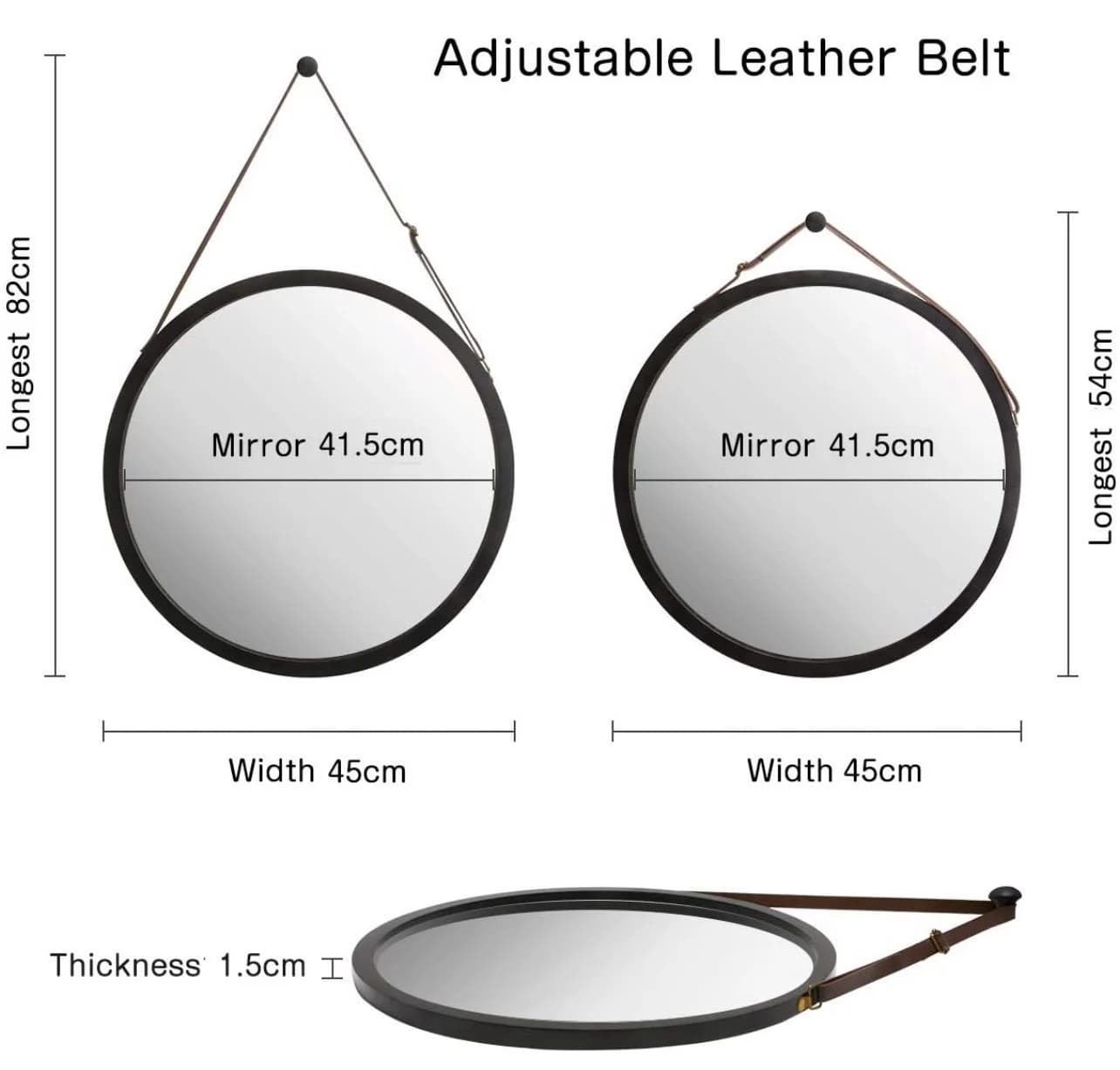 Verstellbarer Bambus- und Leder-Badspiegel, Natur, 45x45x1cm - Bild 4