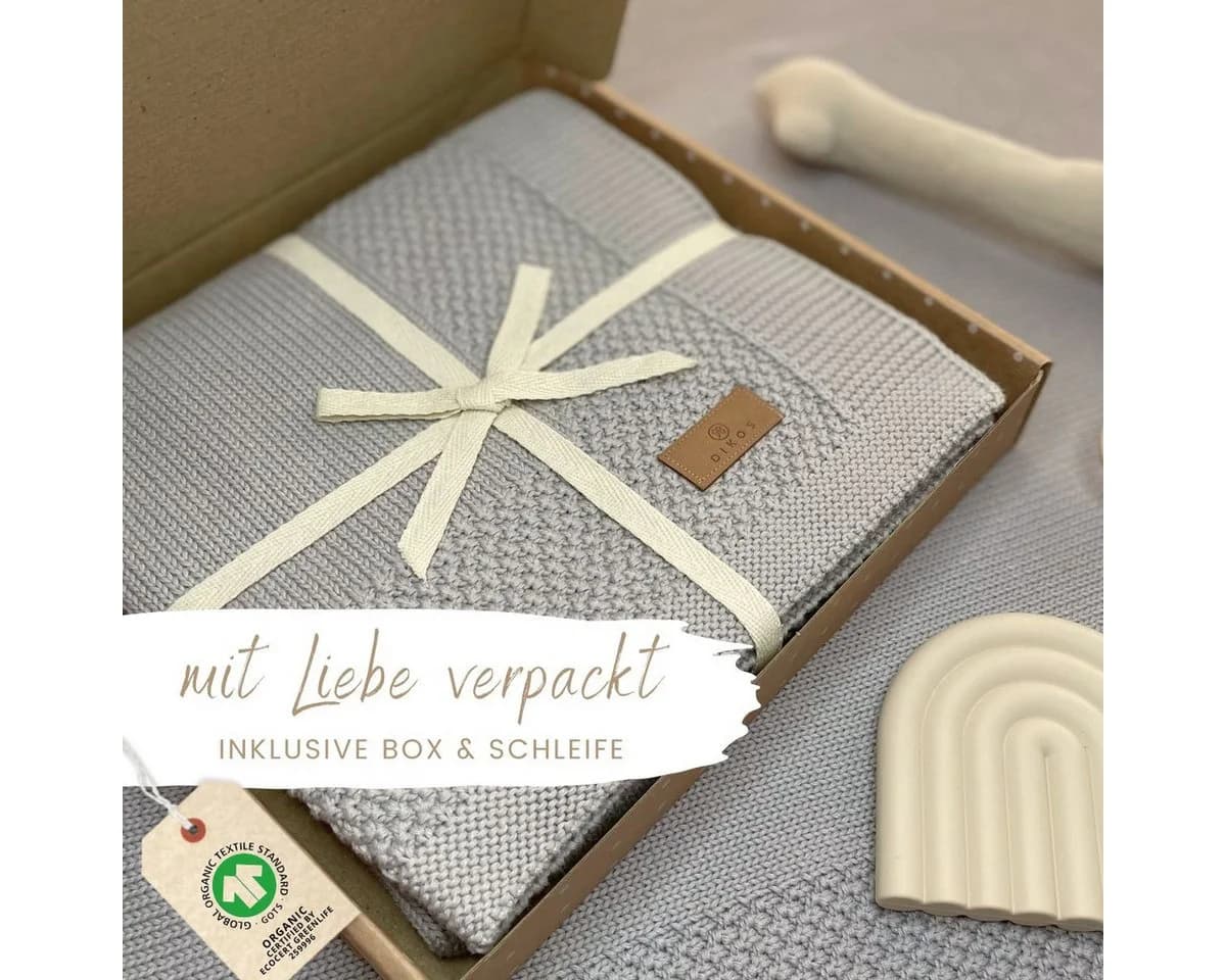 DIKOS® Kuscheldecke Bordüre 100% Bio Baumwolle Grau Strickdecke 75x100