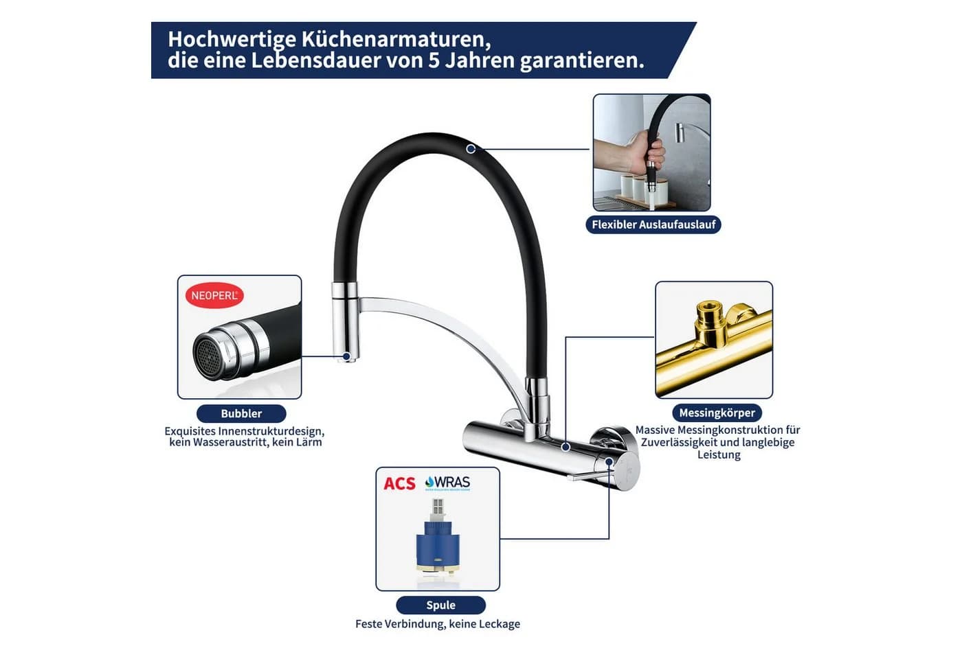 HOMELODY Küchenarmatur 180° drehbar Messing Schwarz - Bild 4