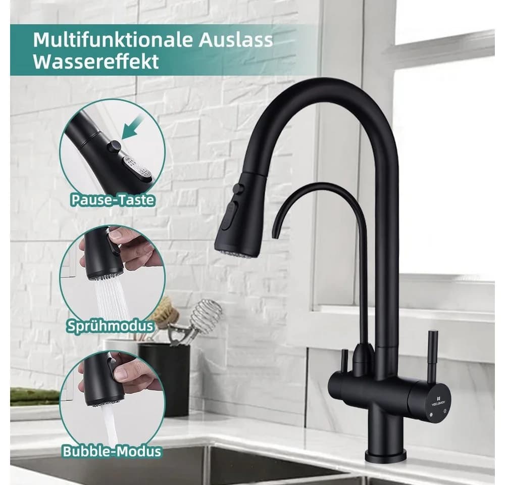 HOMELODY Küchenarmatur 3-Wege Wasserhahn Schwarz