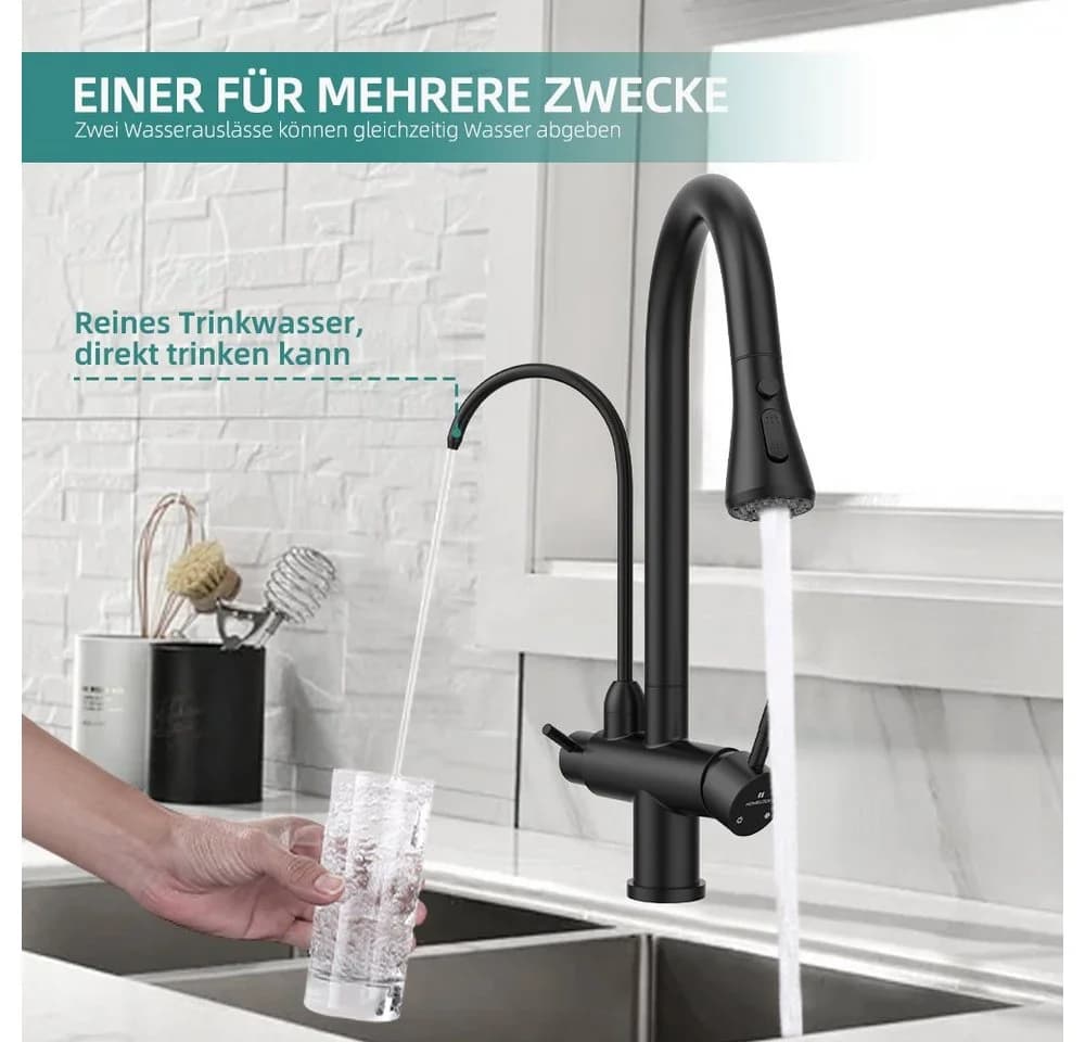 HOMELODY Küchenarmatur 3-Wege Wasserhahn Schwarz - Bild 3