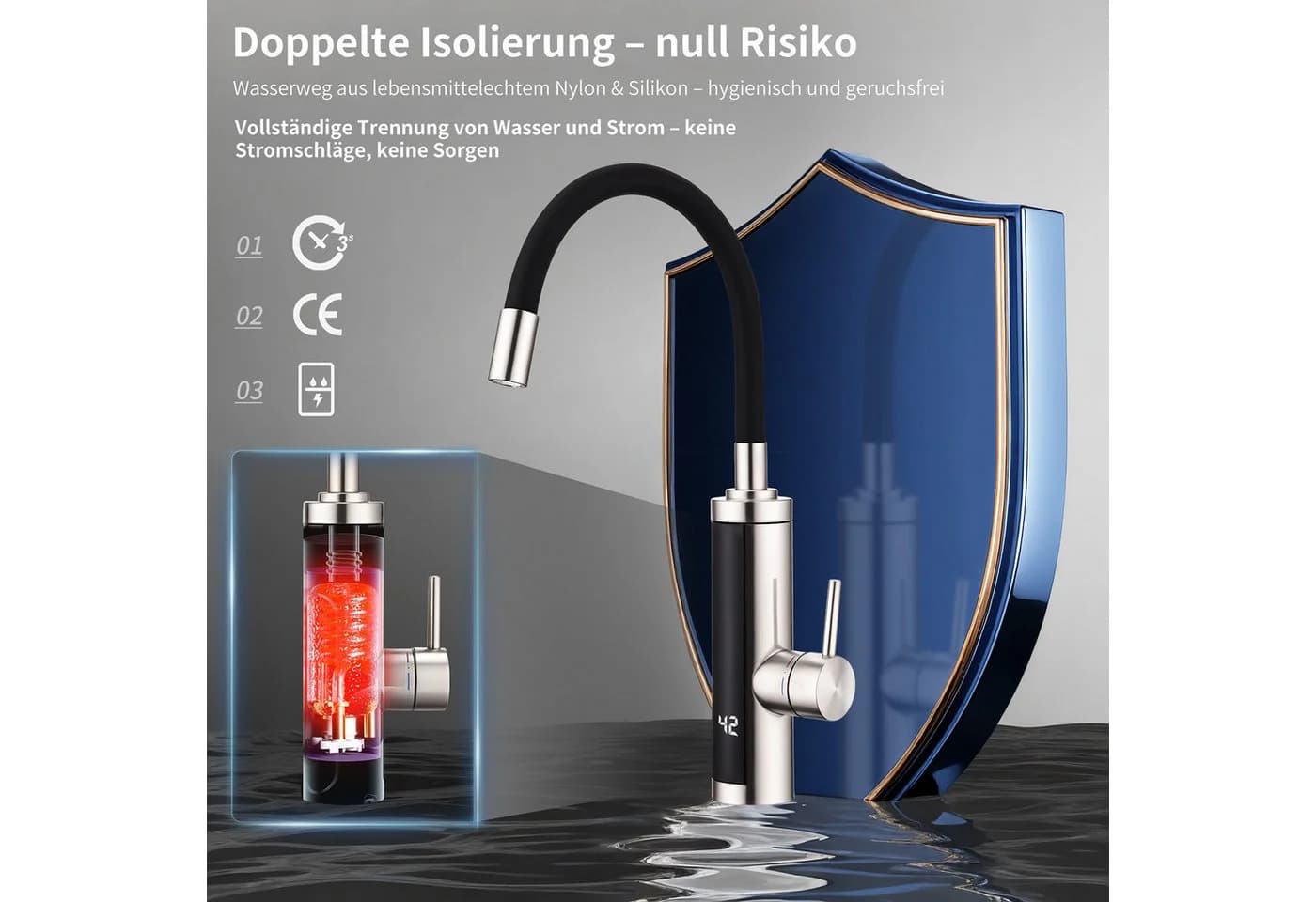 HOMELODY Küchenarmatur mit Durchlauferhitzer, Sofort warmes Wasser, Flexibler Auslauf, Schwarz