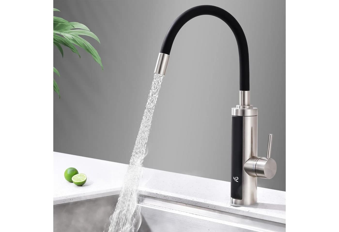 HOMELODY Küchenarmatur mit Durchlauferhitzer, Sofort warmes Wasser, Flexibler Auslauf, Schwarz - Bild 2