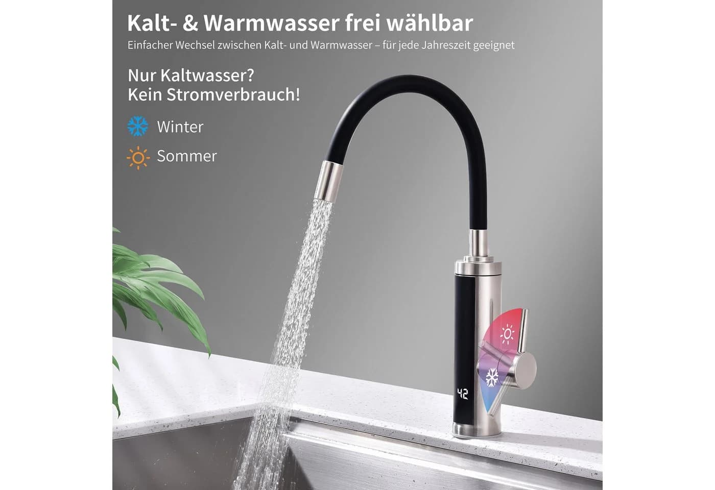 HOMELODY Küchenarmatur mit Durchlauferhitzer, Sofort warmes Wasser, Flexibler Auslauf, Schwarz - Bild 4