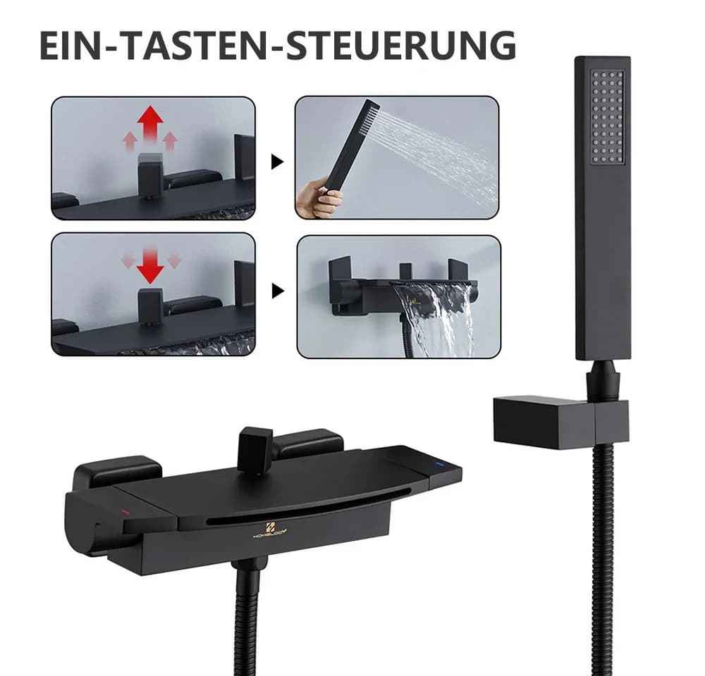 HOMELODY Duscharmatur Wasserfall Wasserhahn Bad Duscharmatur Schwarz - Bild 4