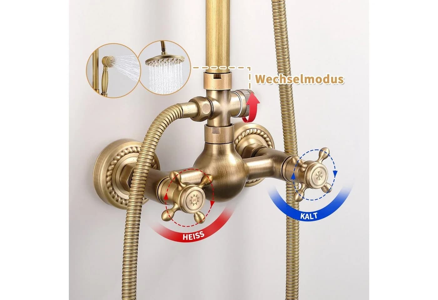 HOMELODY Duschsystem Retro Antikgold 8" Regendusche Höhenverstellbar