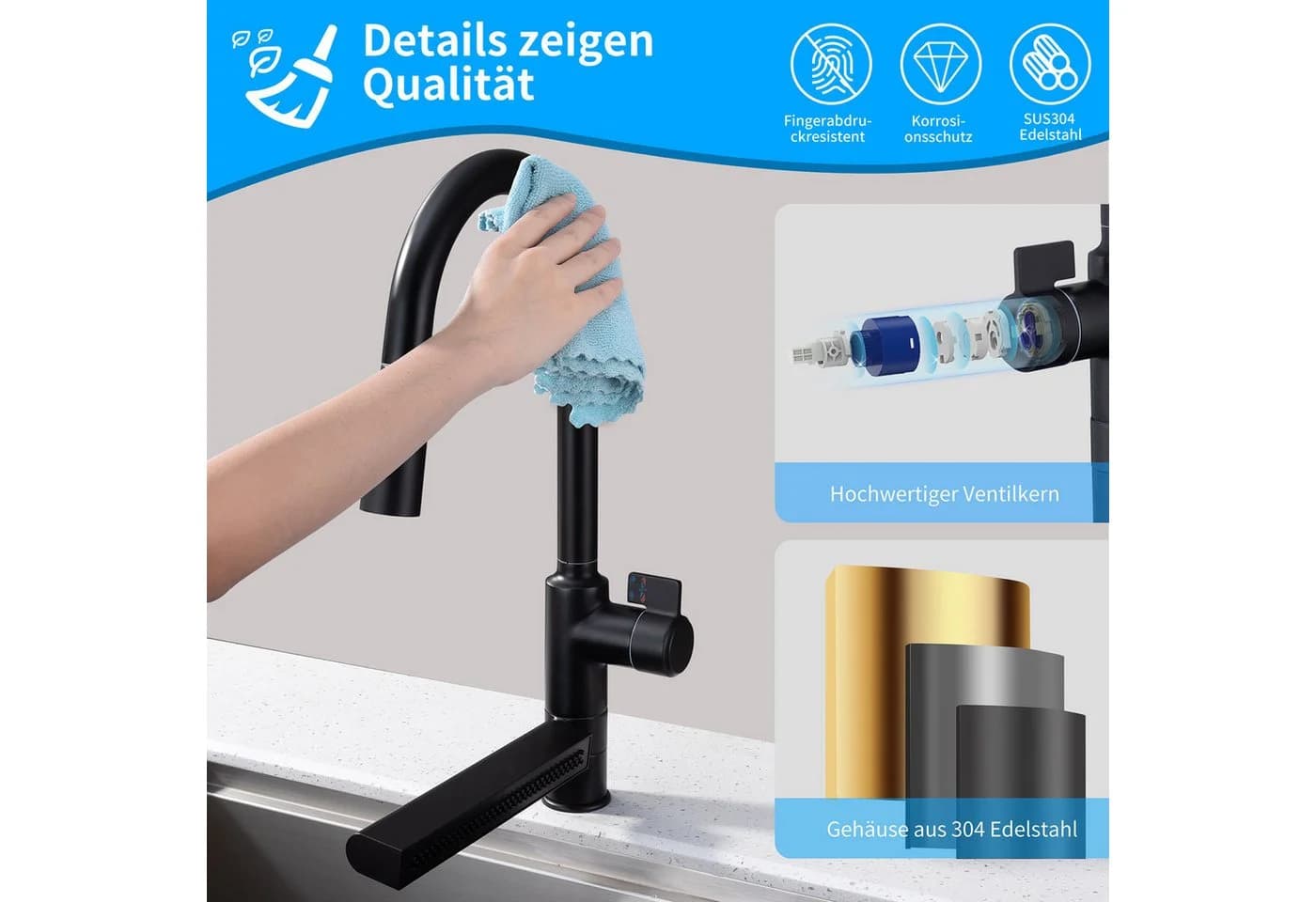 HOMELODY Küchenarmatur Schwarz Ausziehbar 360°-Drehung 720°-Regenarm - Bild 5
