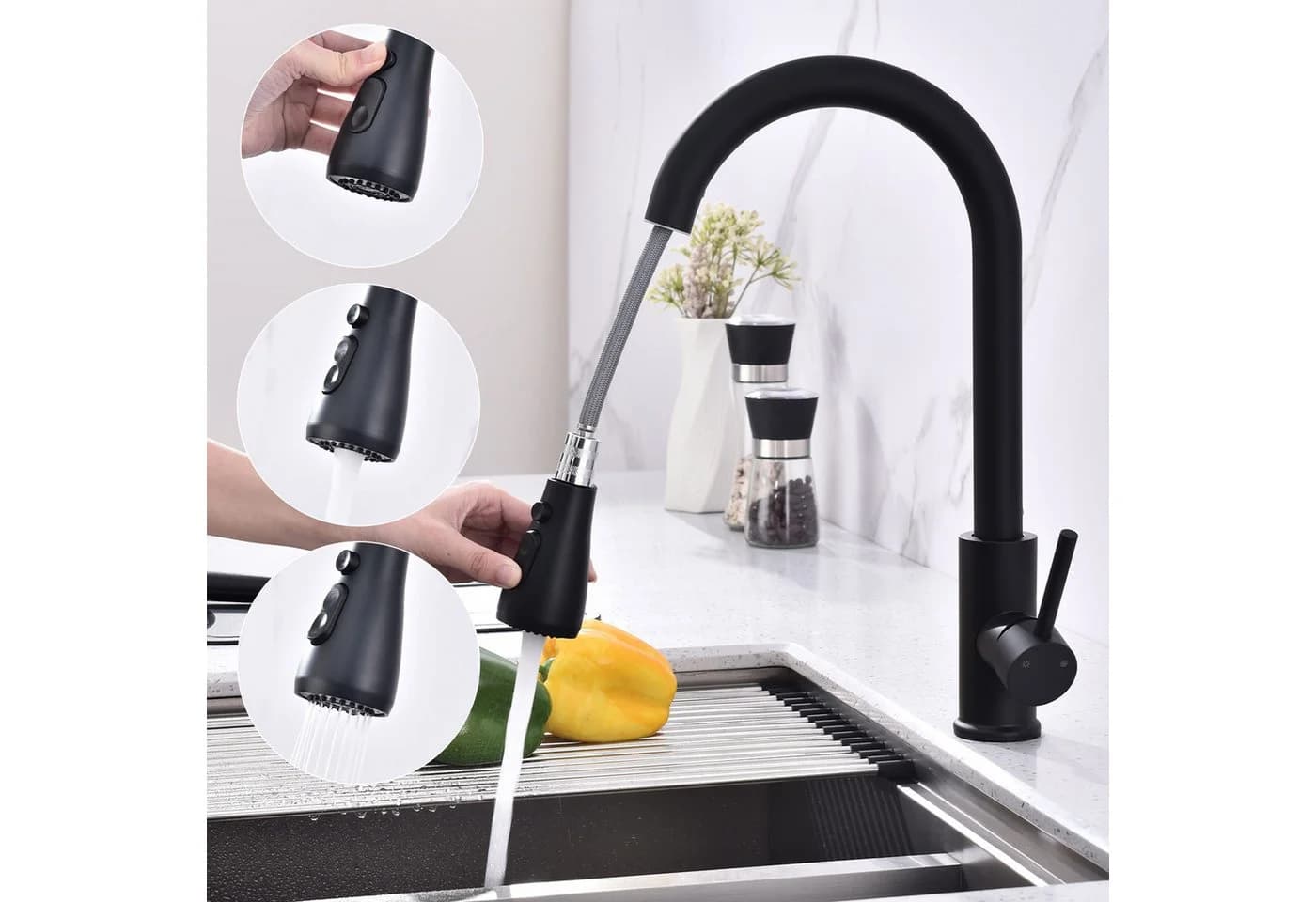 HOMELODY Spültischarmatur Hochdruck Wasserhahn Küche 360° Küchenarmatur mit Ausziehbarer Mischbatterie - Bild 2
