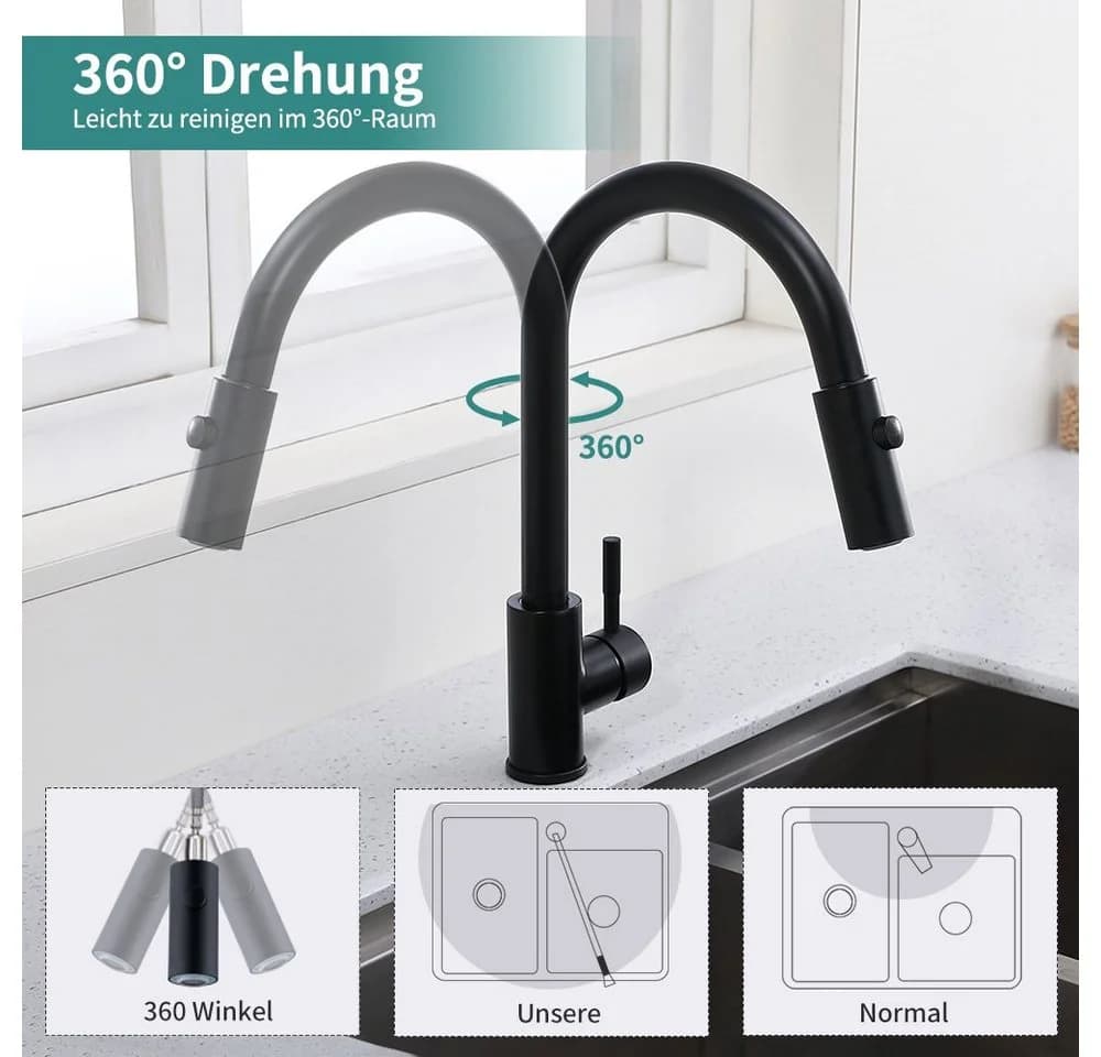 HOMELIVE Spültischarmatur Wasserhahn Küche ausziehbar Küchenarmatur mit 2 Strahlarten Schwarz - Bild 5