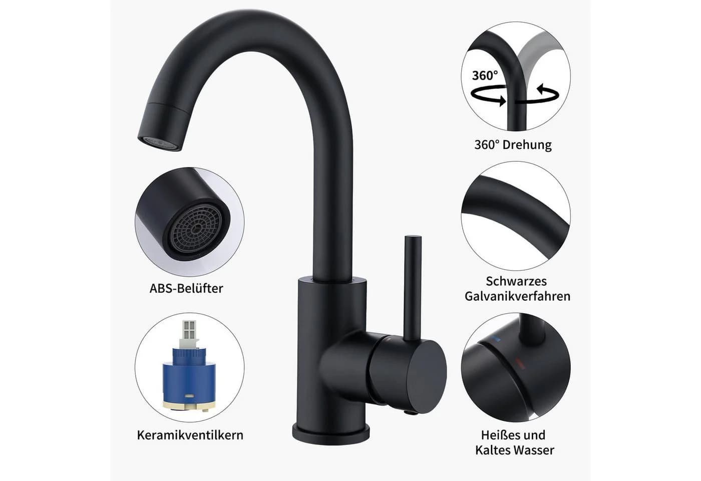 HOMELIVE Küchenarmatur 360° drehbare Niederdruck-Küchenarmatur Edelstahl Schwarz