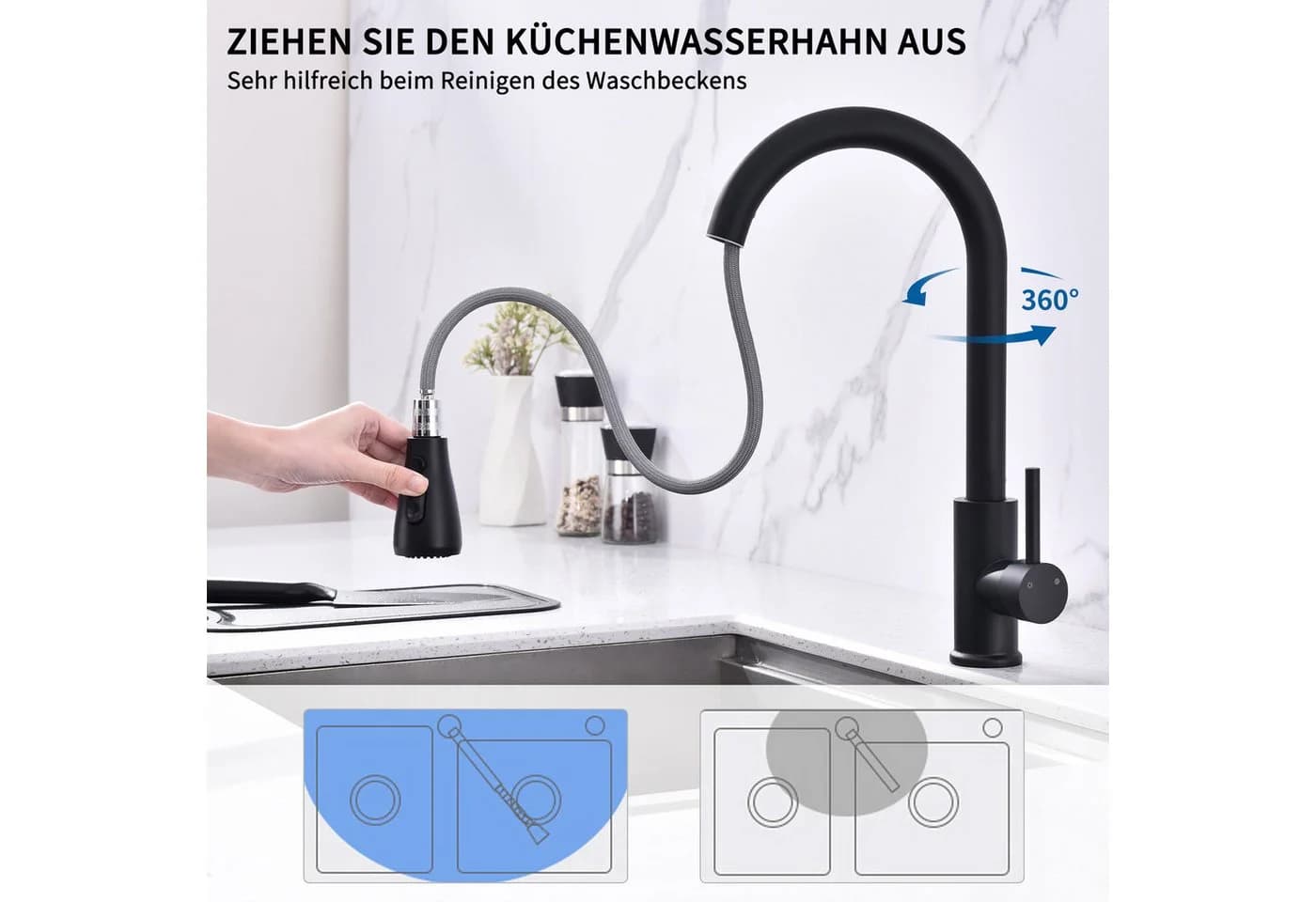 HOMELIVE Küchenarmatur 360° drehbar Schwarz Hochdruck - Bild 3