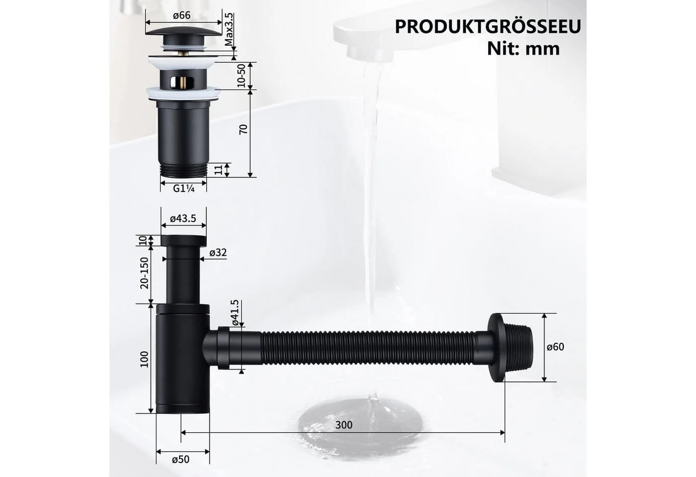 HOMELIVE Ablaufgarnitur Siphon Pop-Up Ablaufgarnitur mit Überlauf Universal Röhrensiphon Set Schwarz