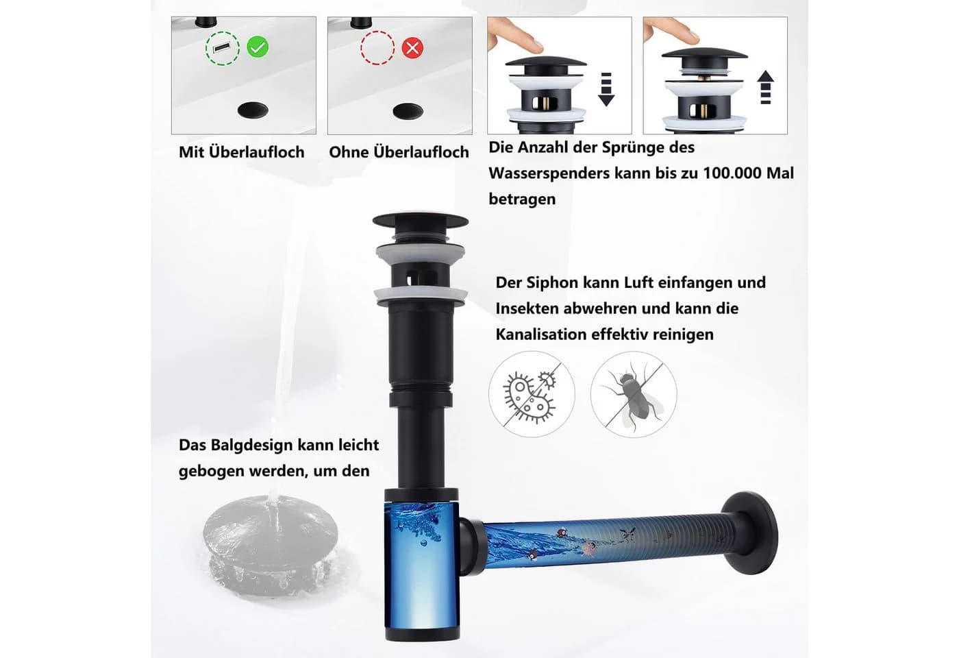 HOMELIVE Ablaufgarnitur Siphon Pop-Up Ablaufgarnitur mit Überlauf Universal Röhrensiphon Set Schwarz - Bild 3