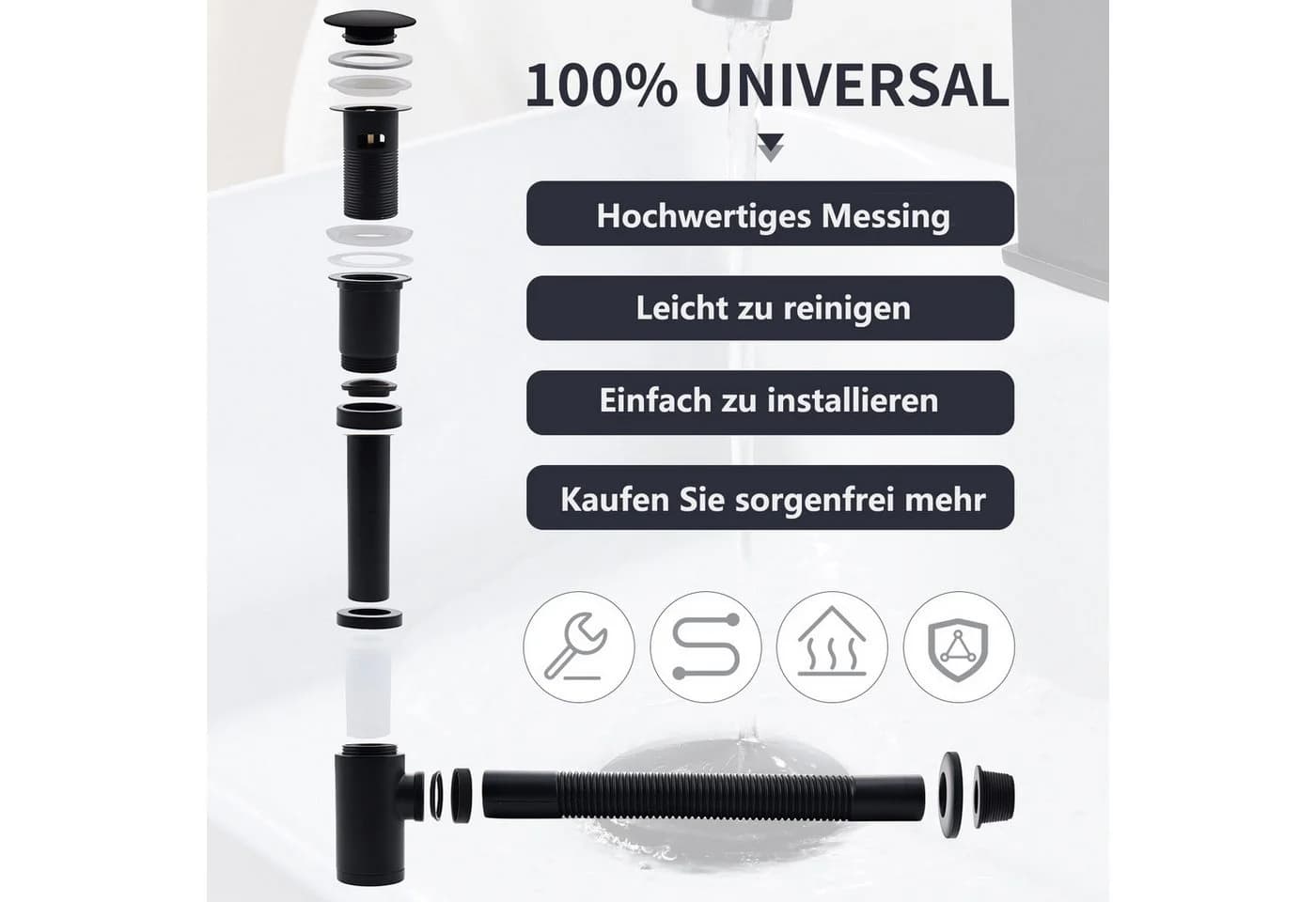 HOMELIVE Ablaufgarnitur Siphon Pop-Up Ablaufgarnitur mit Überlauf Universal Röhrensiphon Set Schwarz - Bild 4