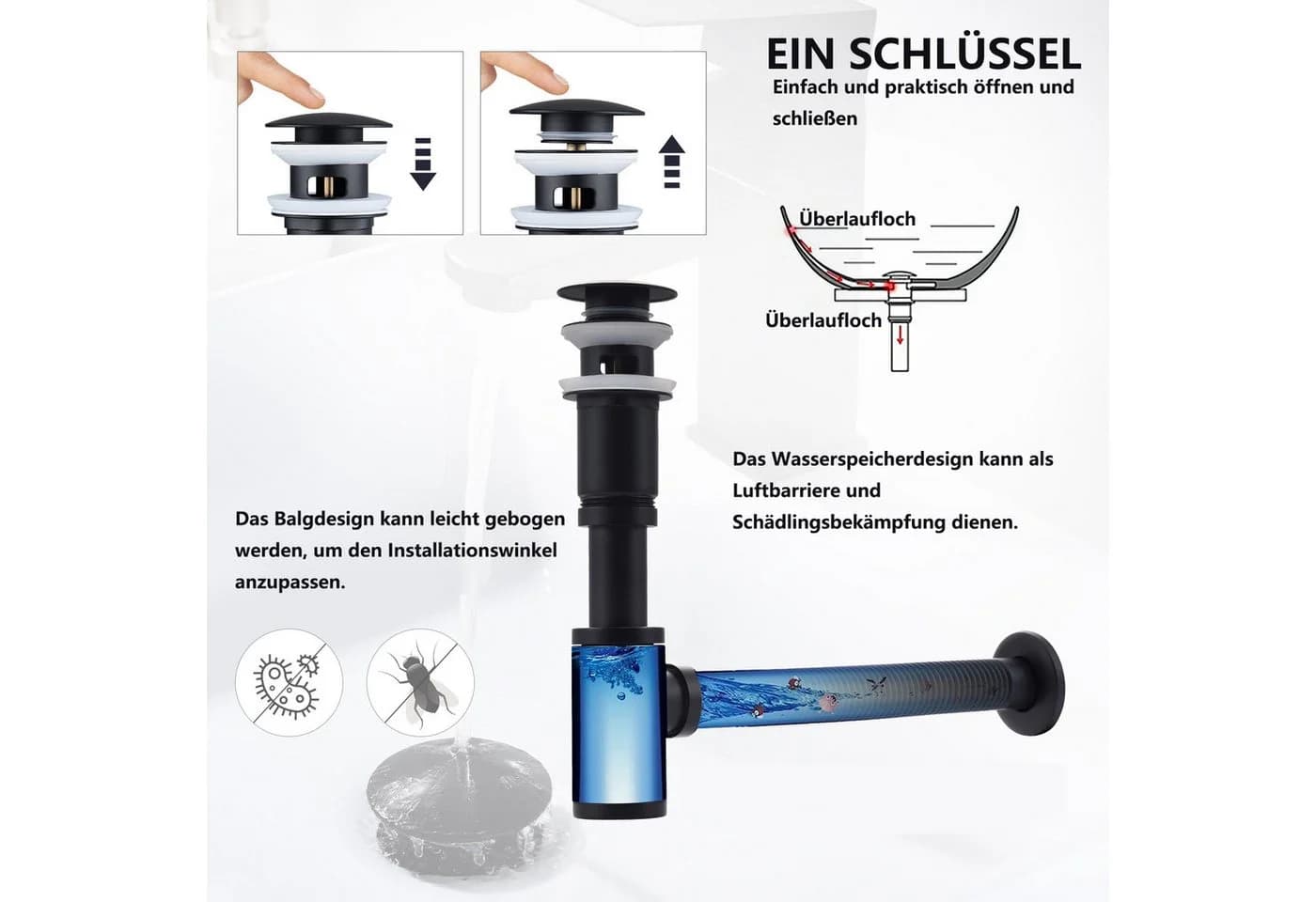 HOMELIVE Ablaufgarnitur Siphon Pop-Up Ablaufgarnitur mit Überlauf Universal Röhrensiphon Set Schwarz - Bild 5