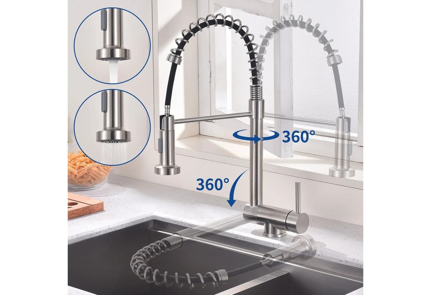 HOMELODY Küchenarmatur Vorfenster Wasserhahn 360° Drehbar, Klappbar 180° Edelstahl - Bild 2