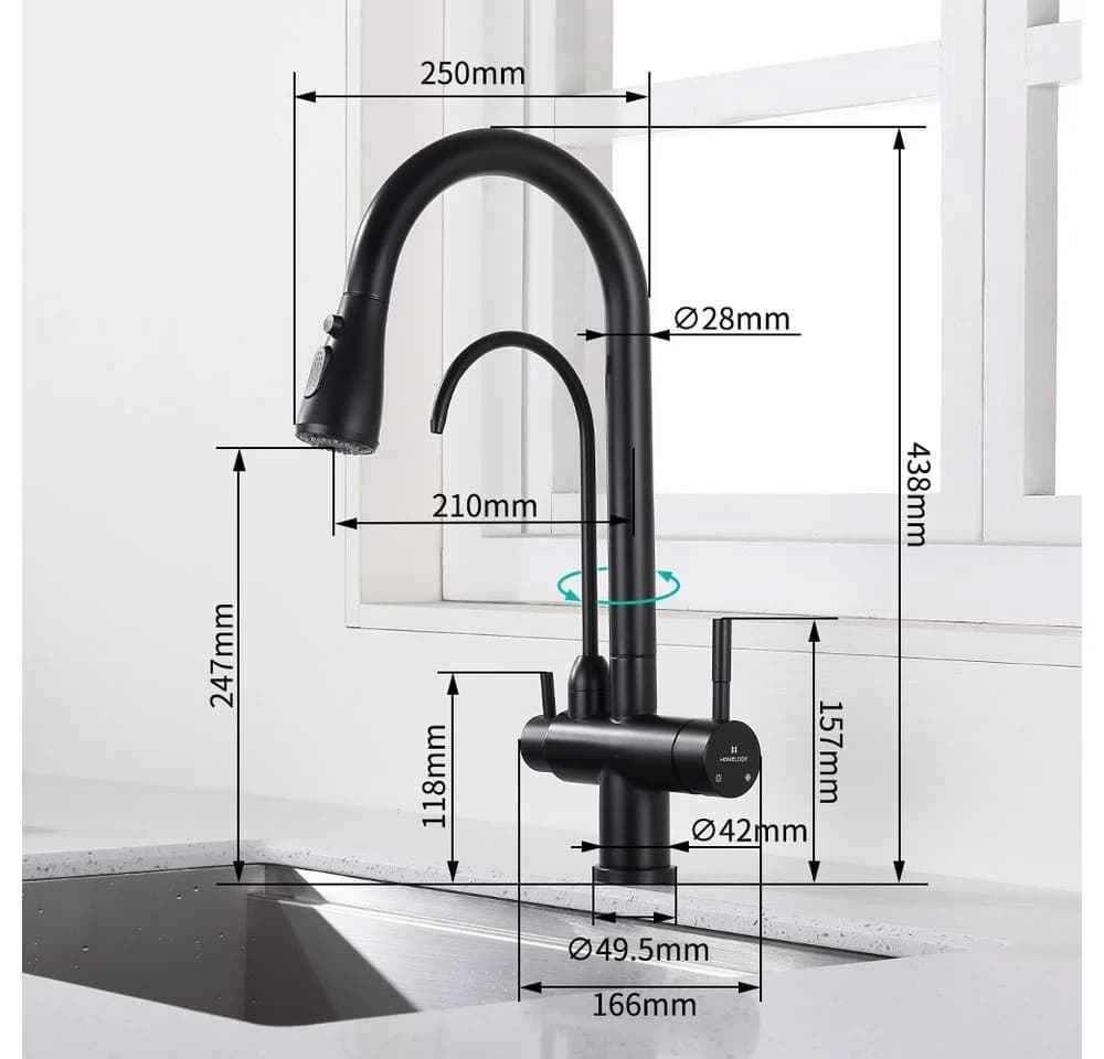 HOMELIVE Küchenarmatur 3 Wege Wasserhahn Küche Trinkwasserhahn Ausziehbar Schwarz
