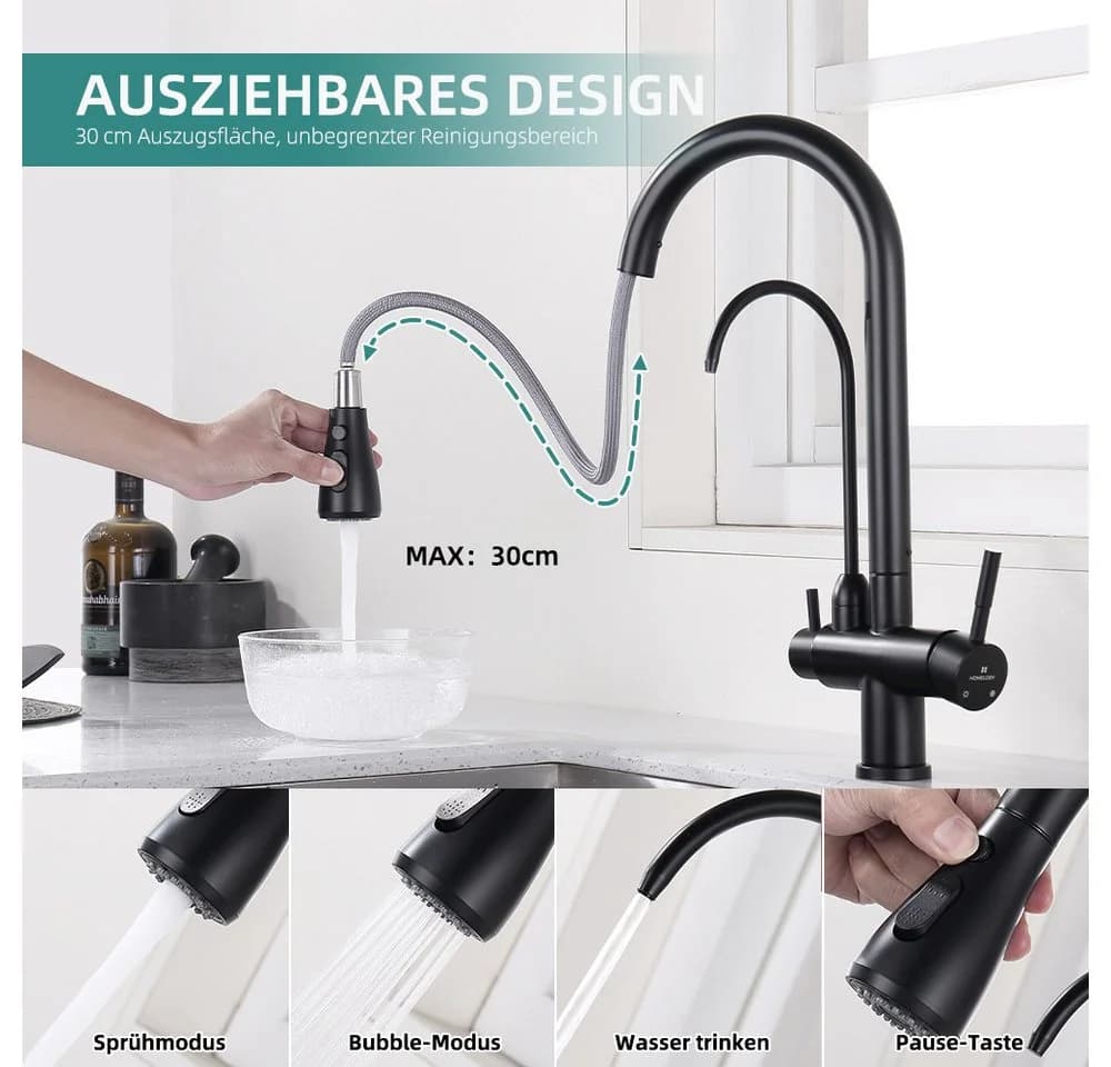 HOMELIVE Küchenarmatur 3 Wege Wasserhahn Küche Trinkwasserhahn Ausziehbar Schwarz - Bild 3