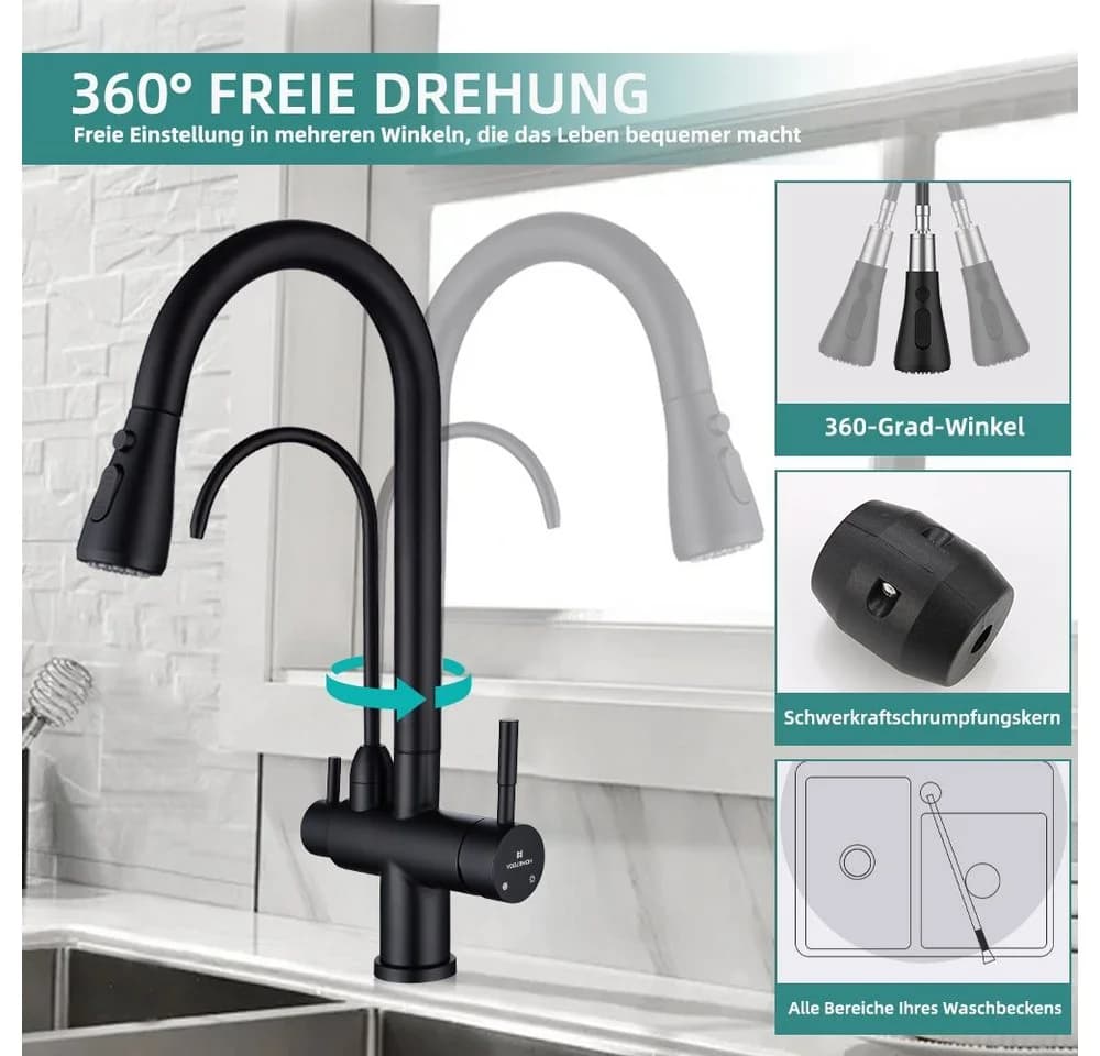 HOMELIVE Küchenarmatur 3 Wege Wasserhahn Küche Trinkwasserhahn Ausziehbar Schwarz - Bild 4