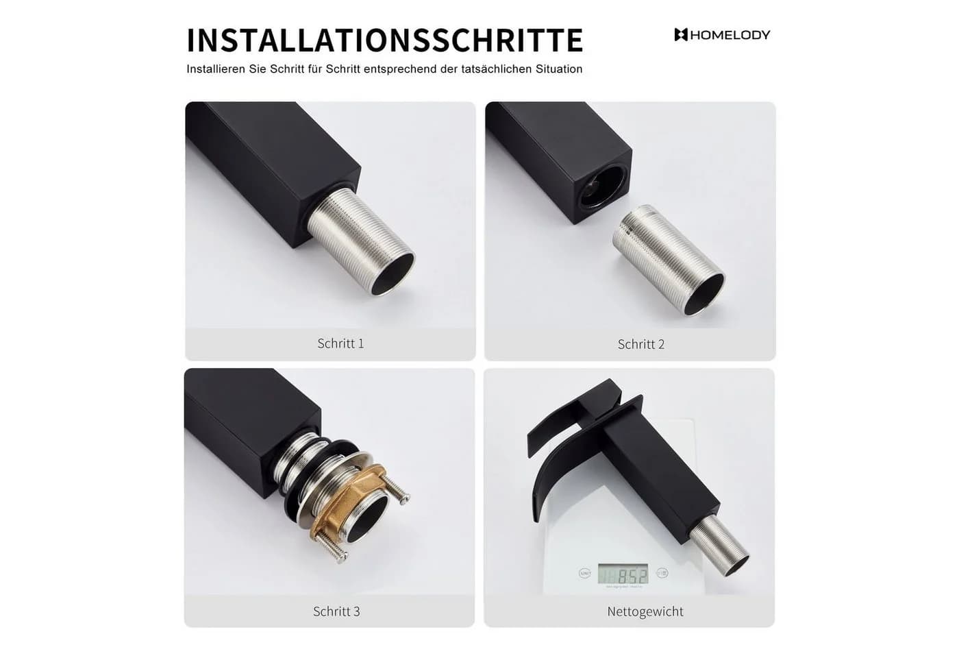 HOMELODY Wasserfall Badarmatur Schwarz Edelstahl Einhand Waschtischbatterie - Bild 4