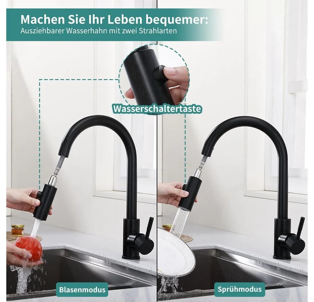 HOMELODY Küchenarmatur Schwarz Ausziehbar 360° Drehbar Edelstahl - Bild 4