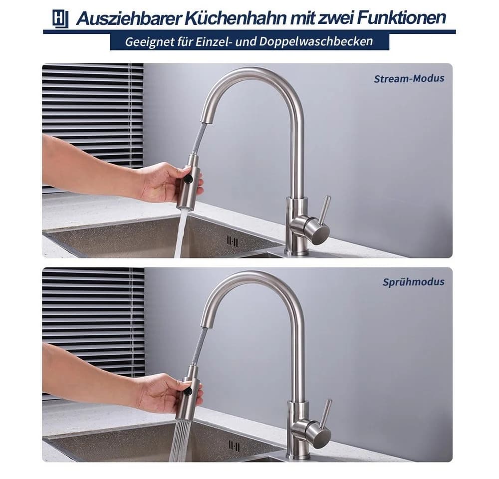 HOMELODY Küchenarmatur 360° Drehbar Edelstahl Hochdruck Ausziehbar