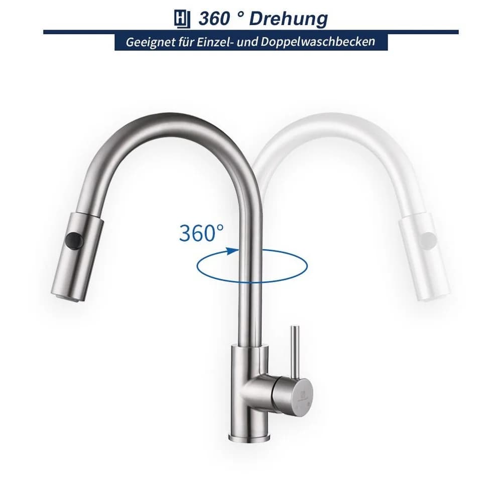HOMELODY Küchenarmatur 360° Drehbar Edelstahl Hochdruck Ausziehbar - Bild 3