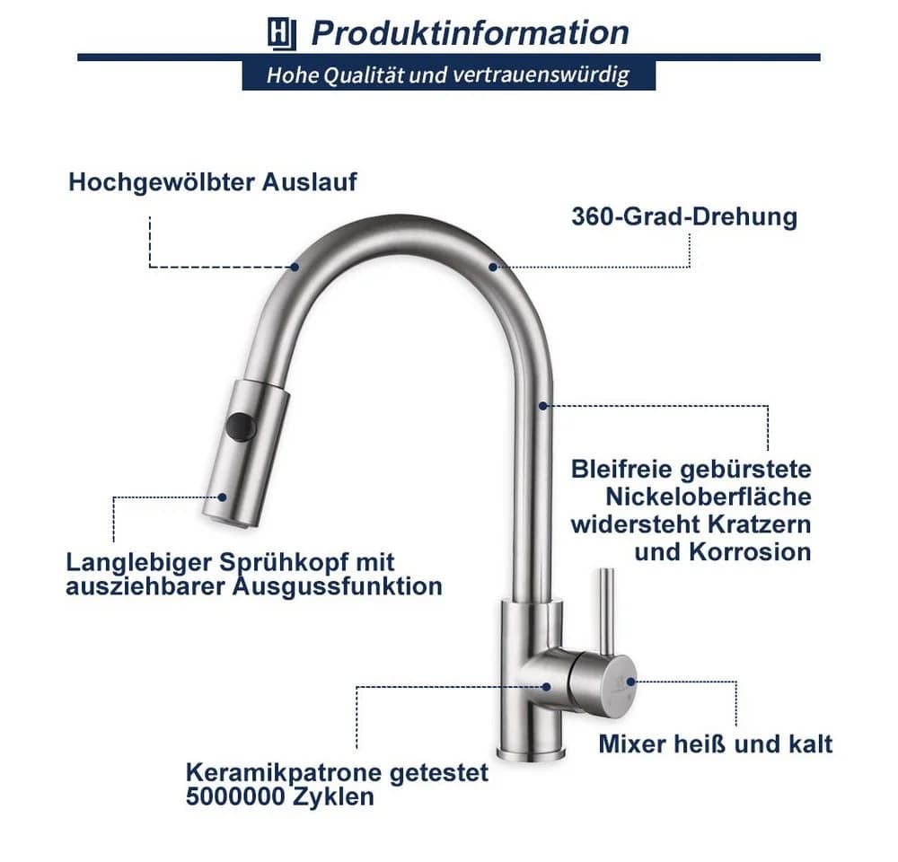 HOMELODY Küchenarmatur 360° Drehbar Edelstahl Hochdruck Ausziehbar - Bild 4