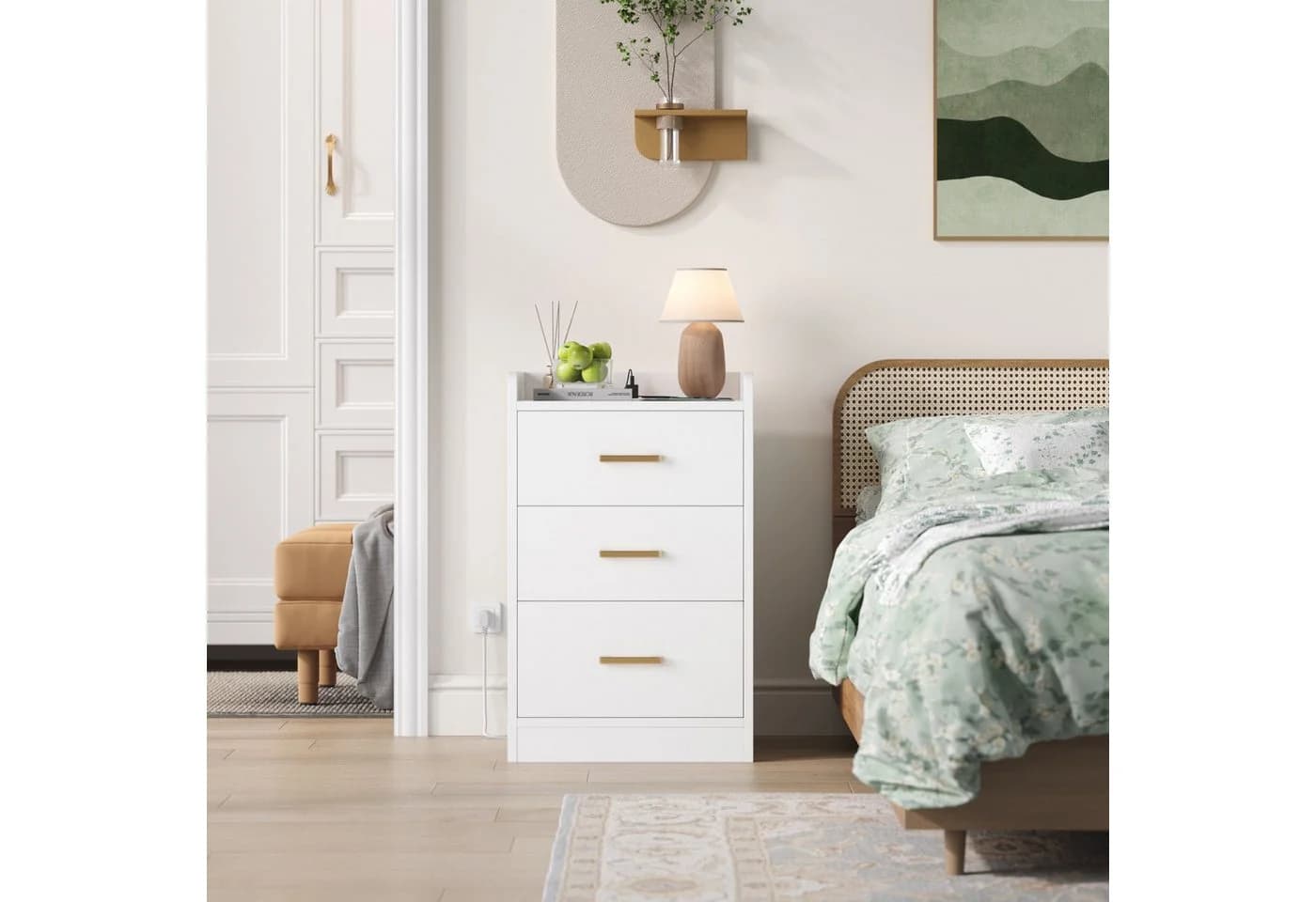 Homfa Nachttisch mit Ladefunktion Weiß 3 Schubladen