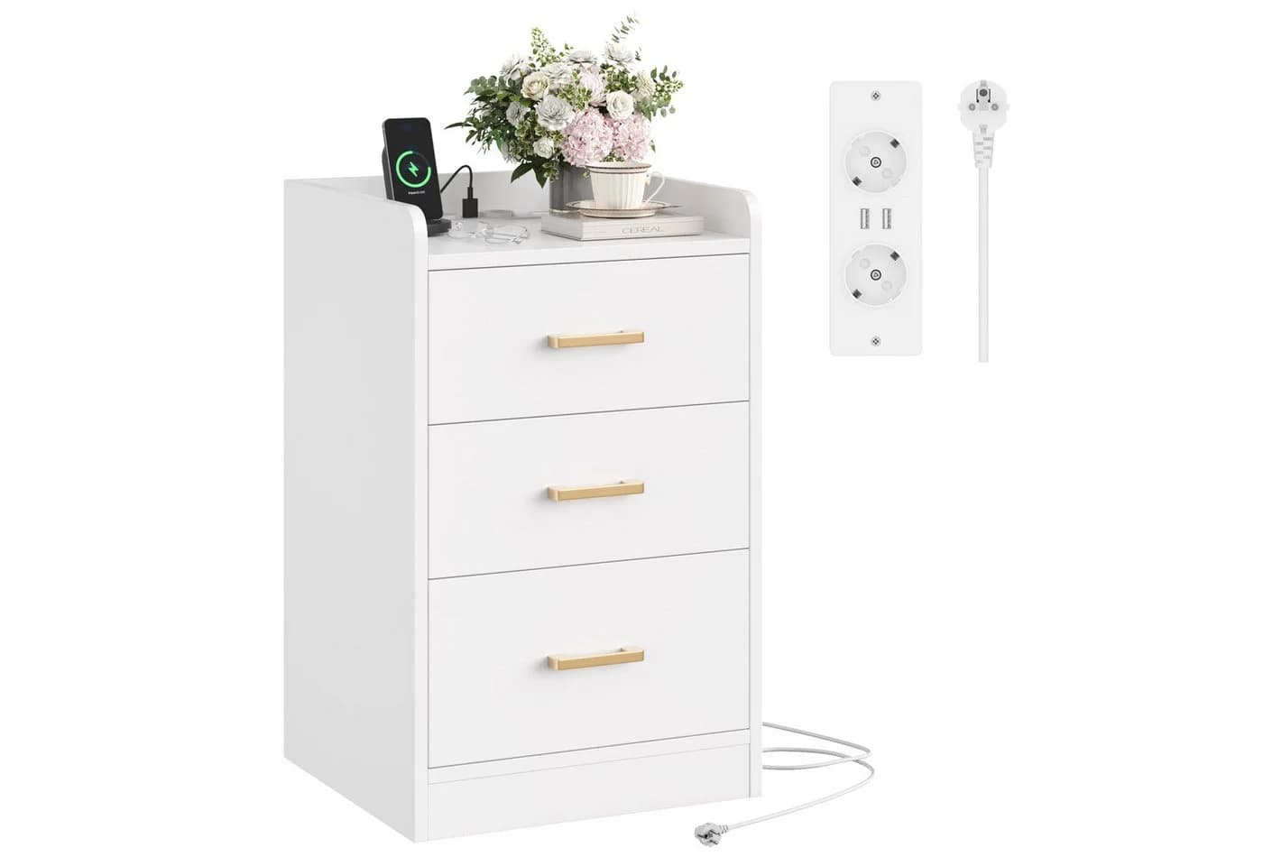 Homfa Nachttisch mit Ladefunktion Weiß 3 Schubladen - Bild 2