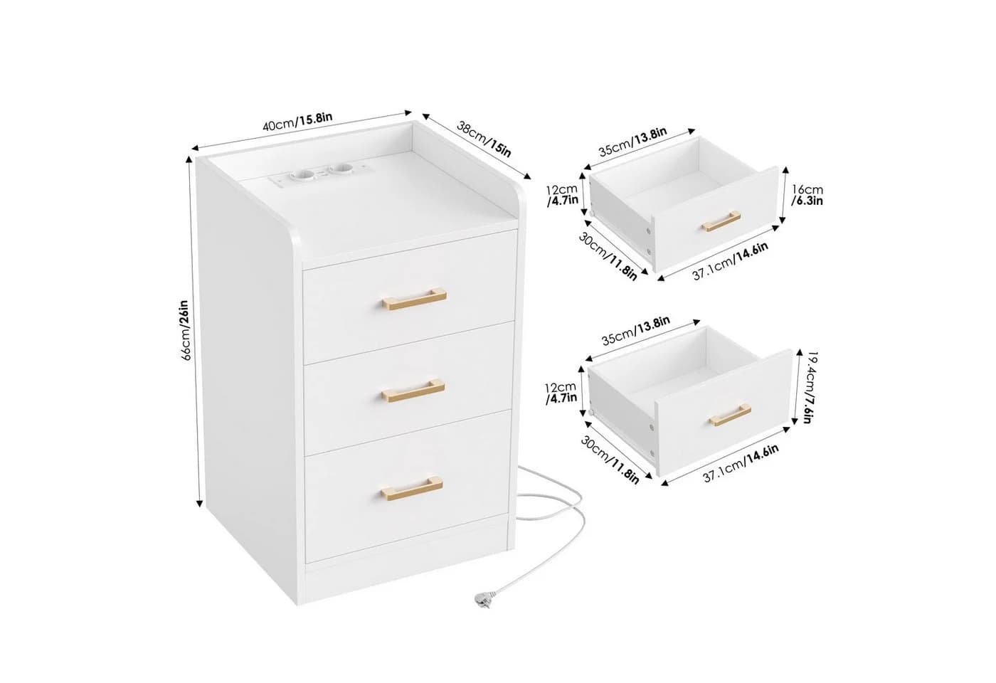 Homfa Nachttisch mit Ladefunktion Weiß 3 Schubladen - Bild 4