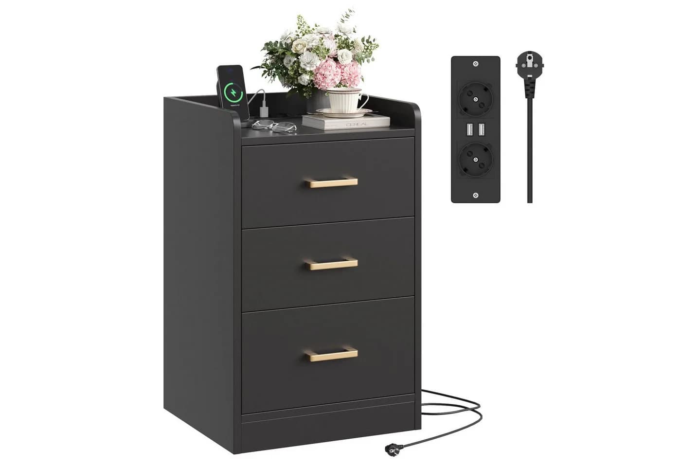 Homfa Nachttisch Nachtschrank mit Ladefunktion, 3 Schubladen, 2 AC-Steckdosen, 2 USB-Anschlüsse, 40x38x66cm - Bild 2