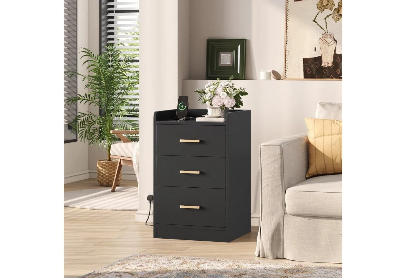 Homfa Nachttisch Nachtschrank mit Ladefunktion, 3 Schubladen, 2 AC-Steckdosen, 2 USB-Anschlüsse, 40x38x66cm - Bild 3